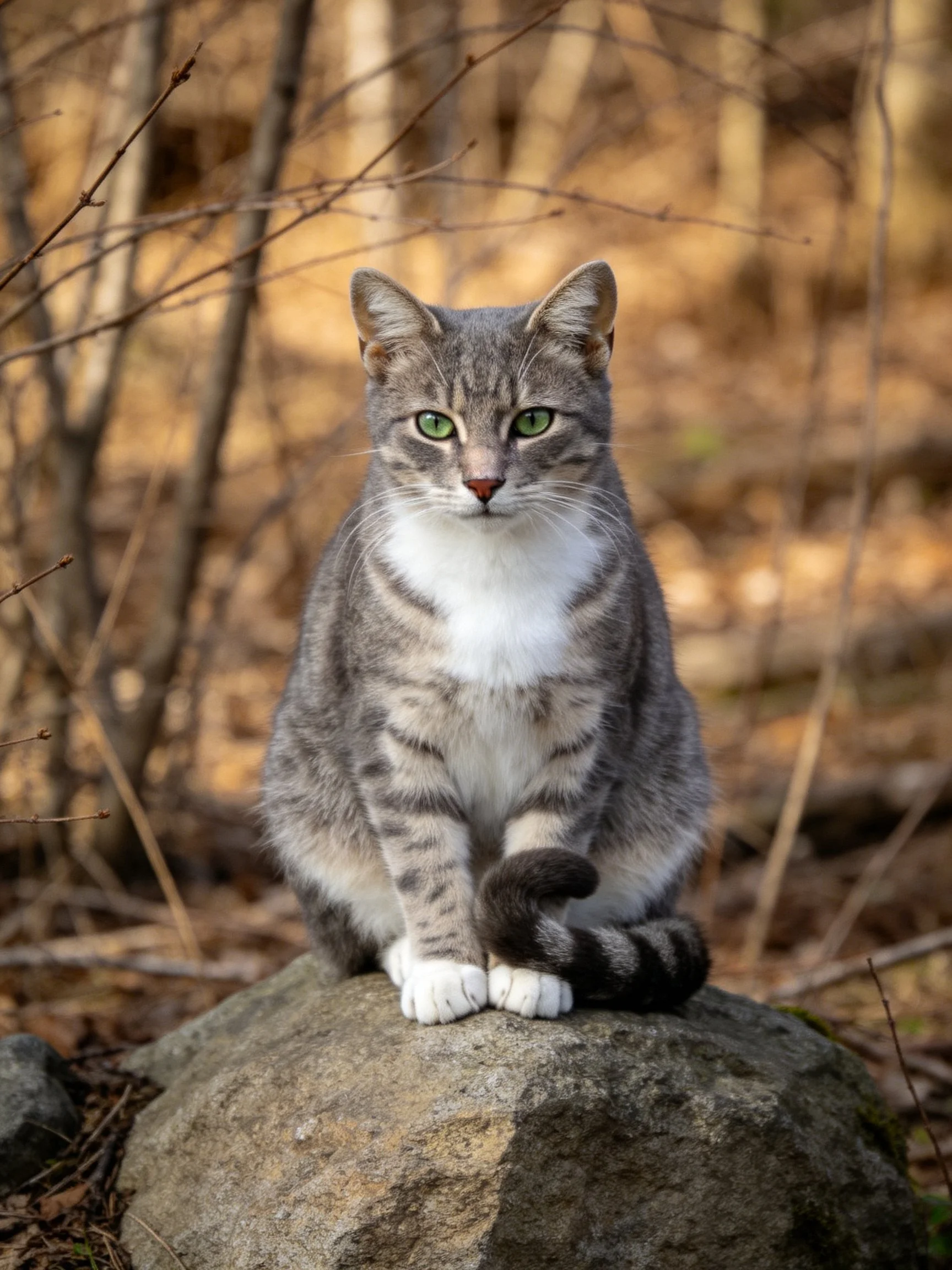 A gray tabby cat with green eyes sits on a rock in a wooded area.