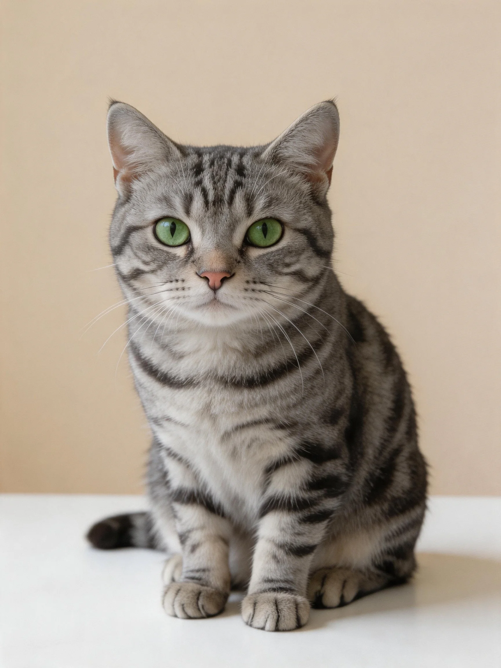 A gray tabby cat with green eyes sits calmly on a white surface.
