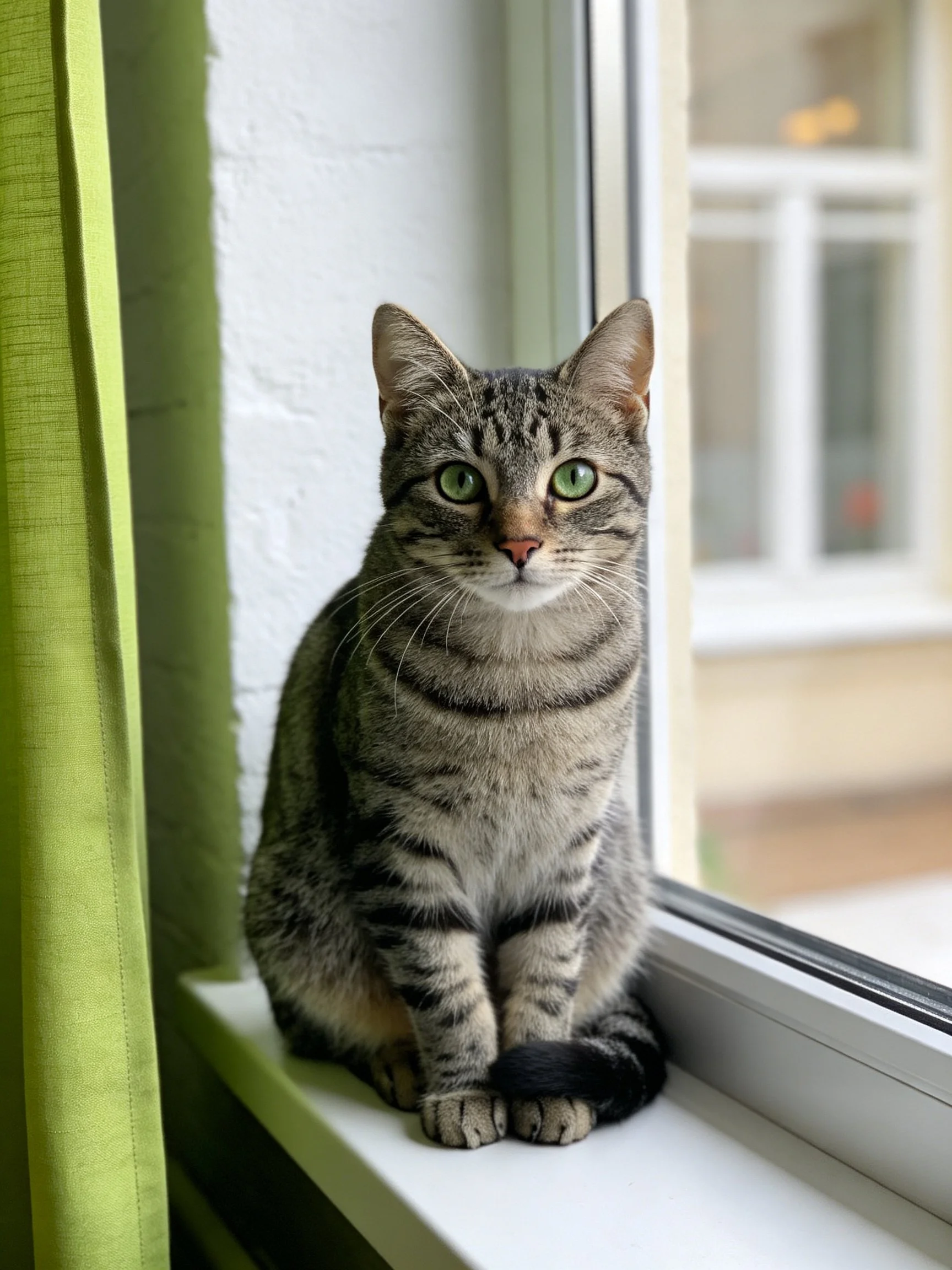 A gray tabby cat with green eyes sits on a white windowsill near lime curtains