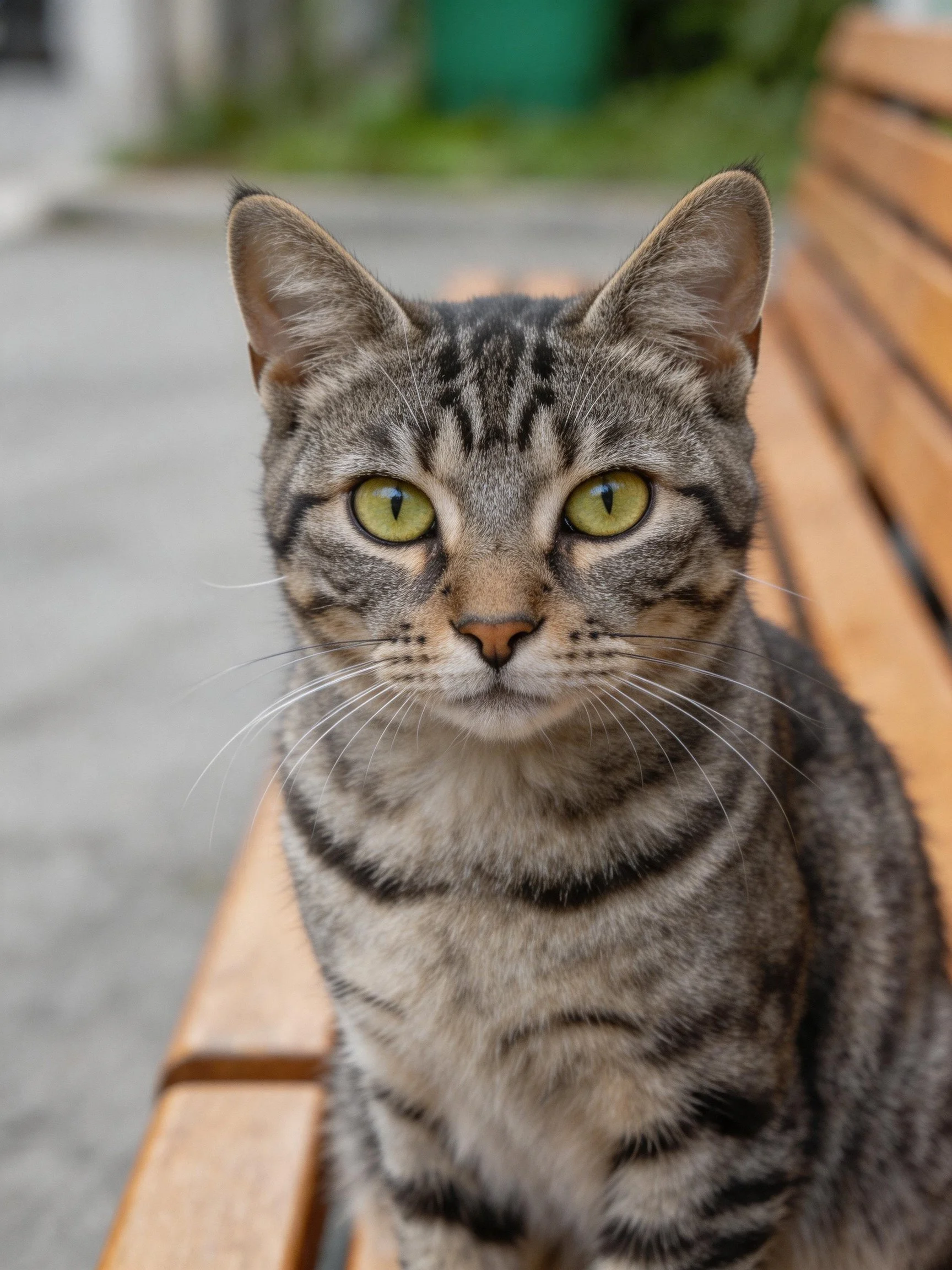 A gray tabby cat with green eyes sits on a wooden bench