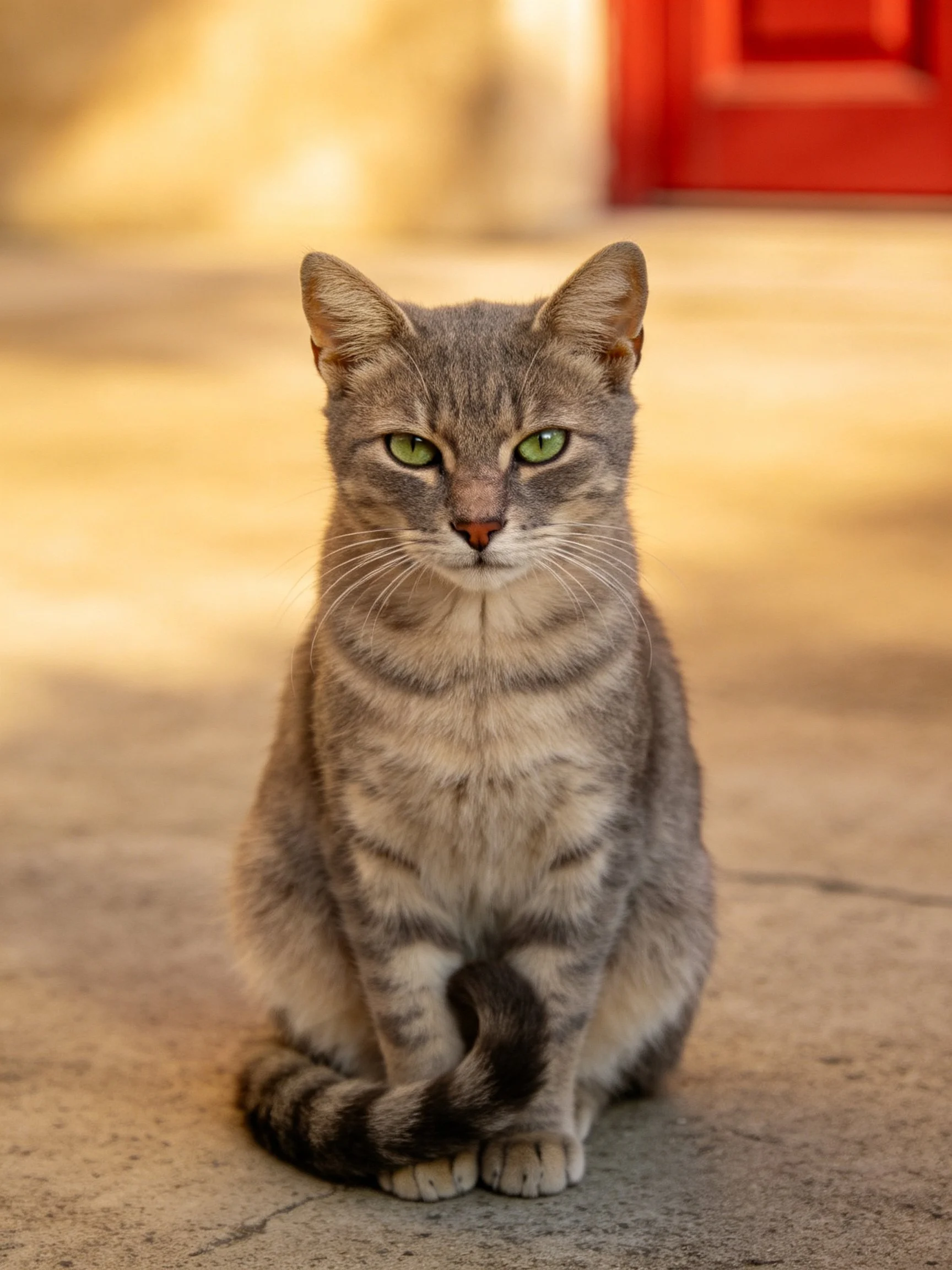 A gray tabby cat with green eyes sits calmly on concrete near a red structure.