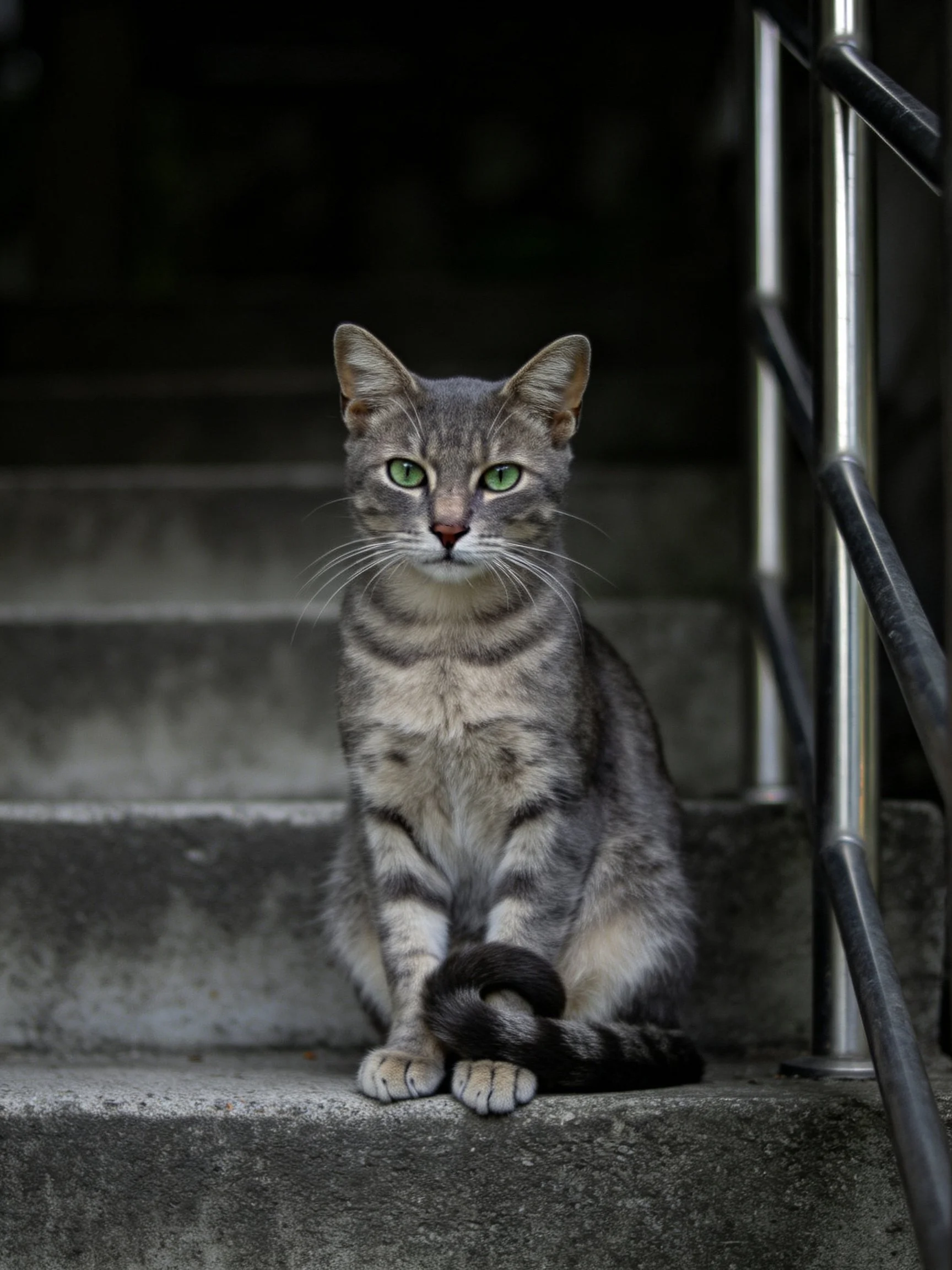 A gray tabby cat with green eyes sits on weathered concrete stairs