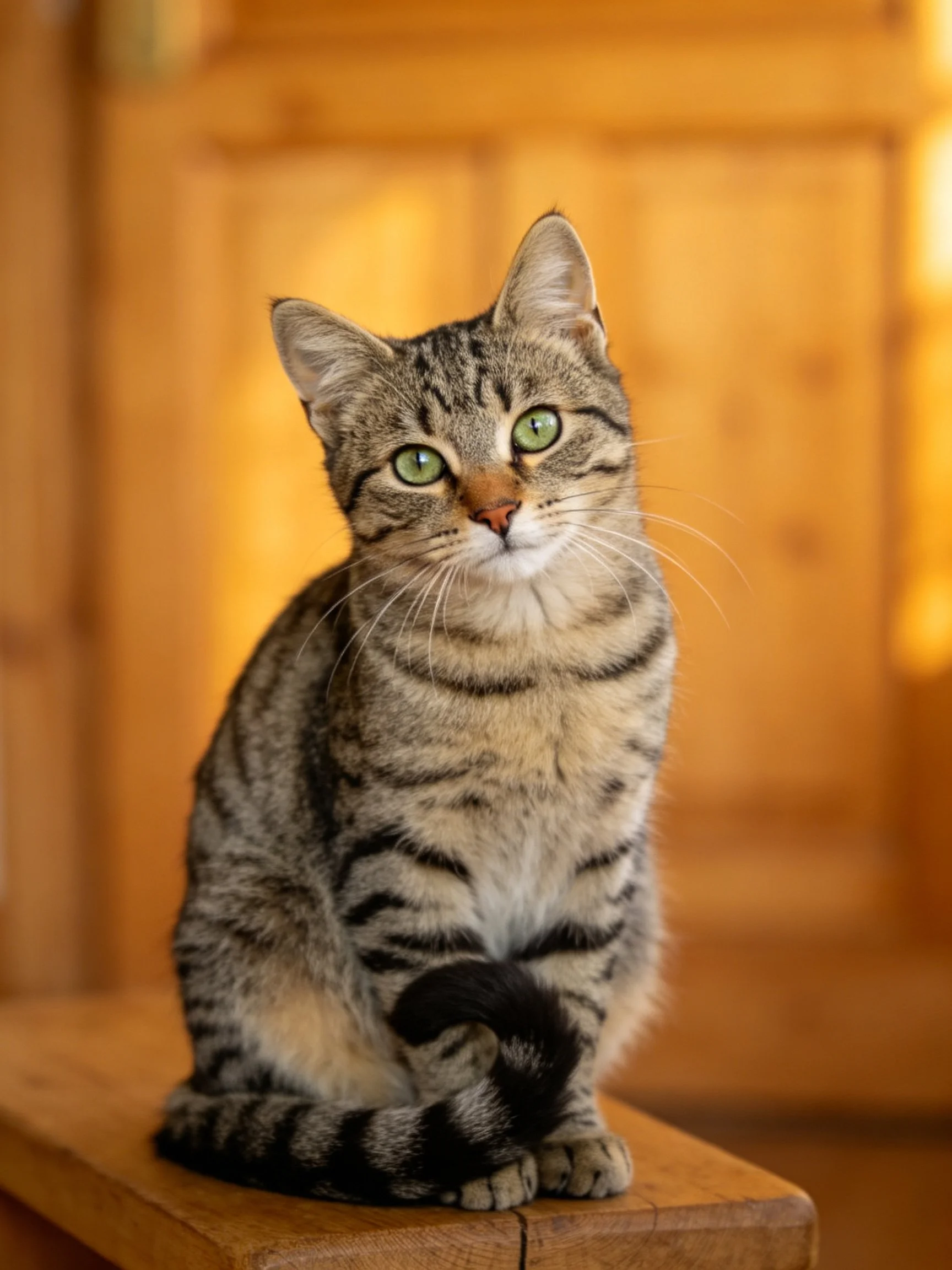 A gray tabby cat with green eyes rests on wood in front of warm-toned wooden surroundings.