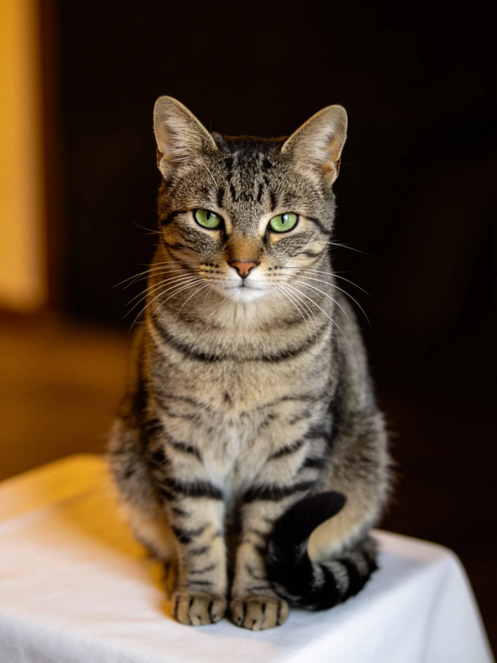 A gray tabby cat with green eyes sitting on a white cloth