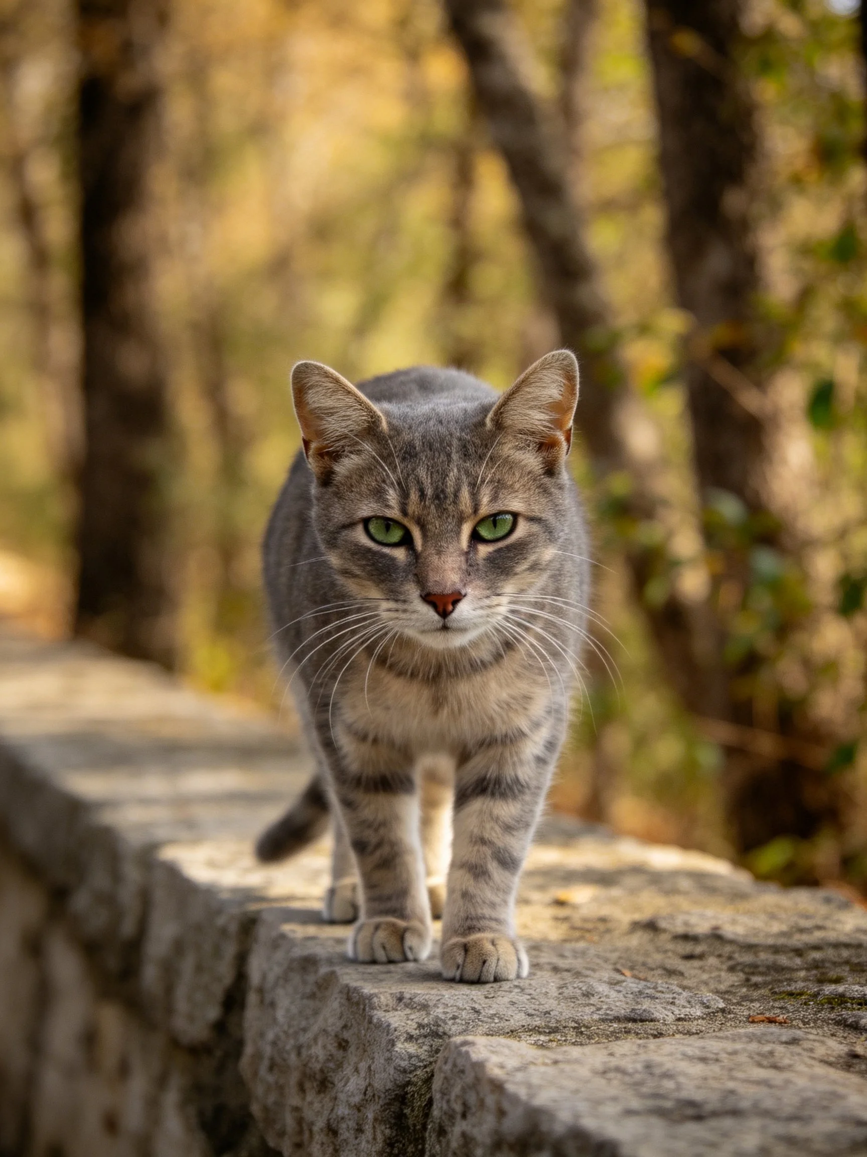 A gray tabby cat with green eyes walks along a stone ledge in a sunlit forest