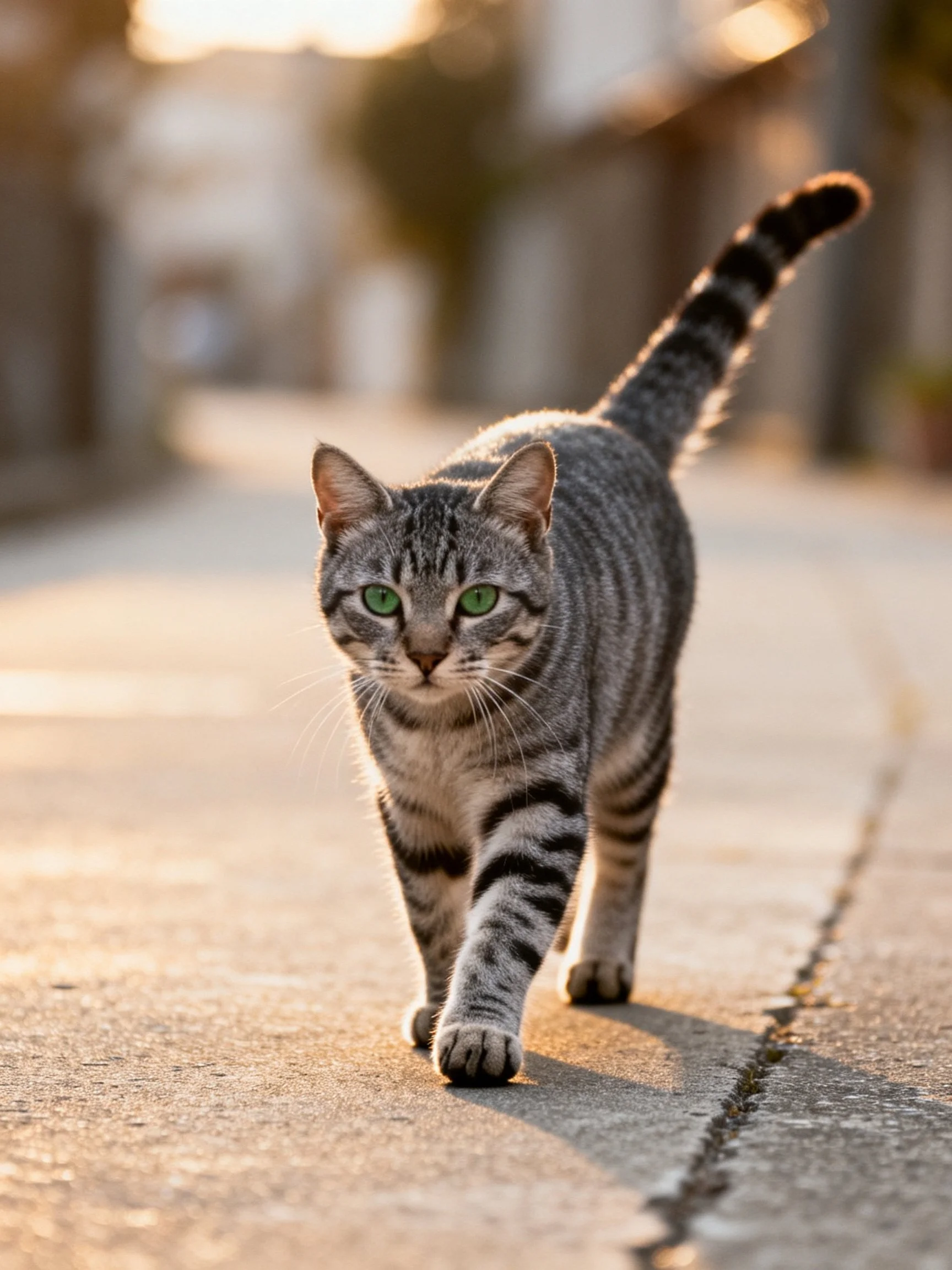 A gray tabby cat with green eyes walks down a sunlit street.