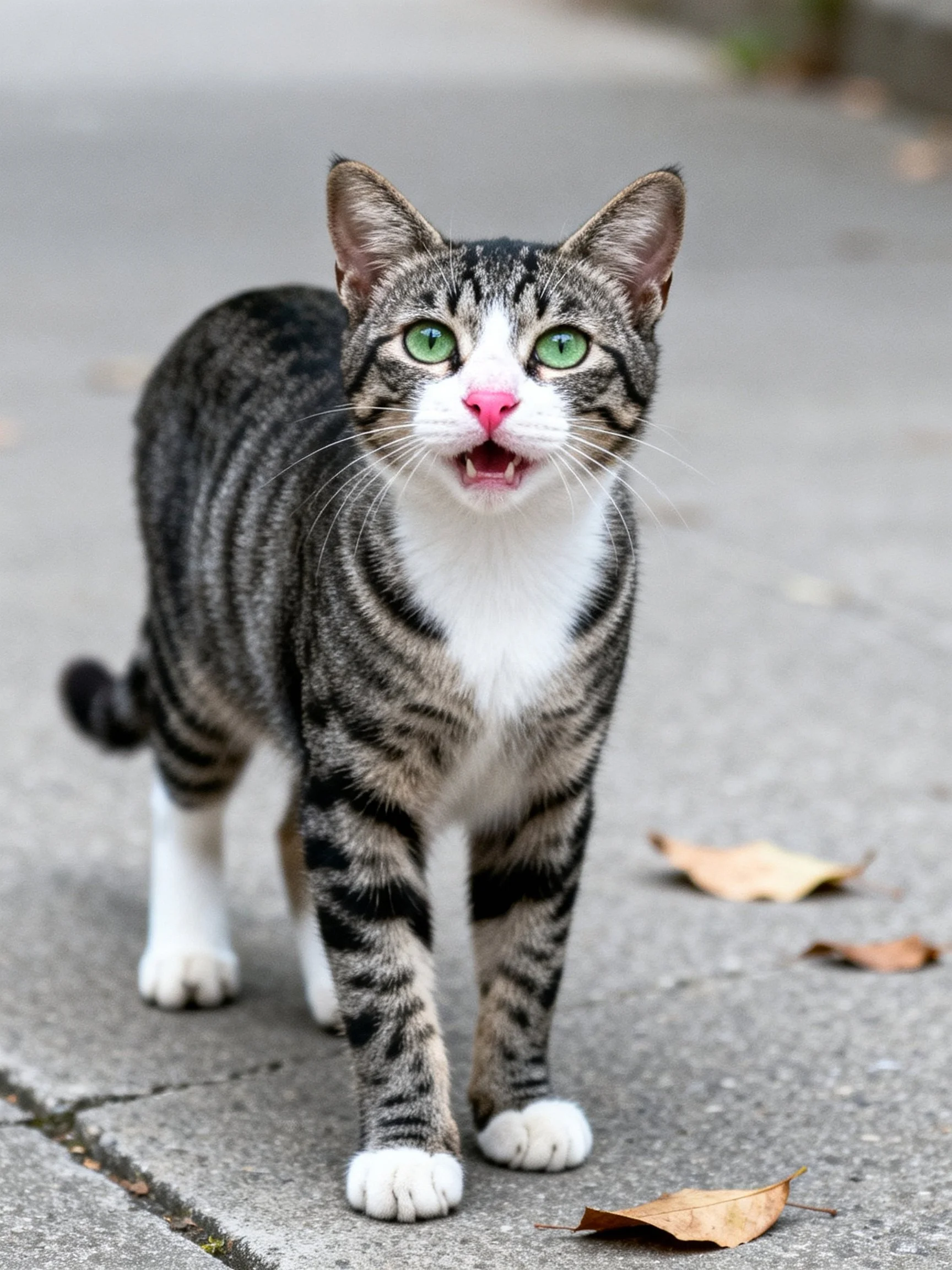A gray tabby cat with green eyes walks on pavement near fallen leaves.