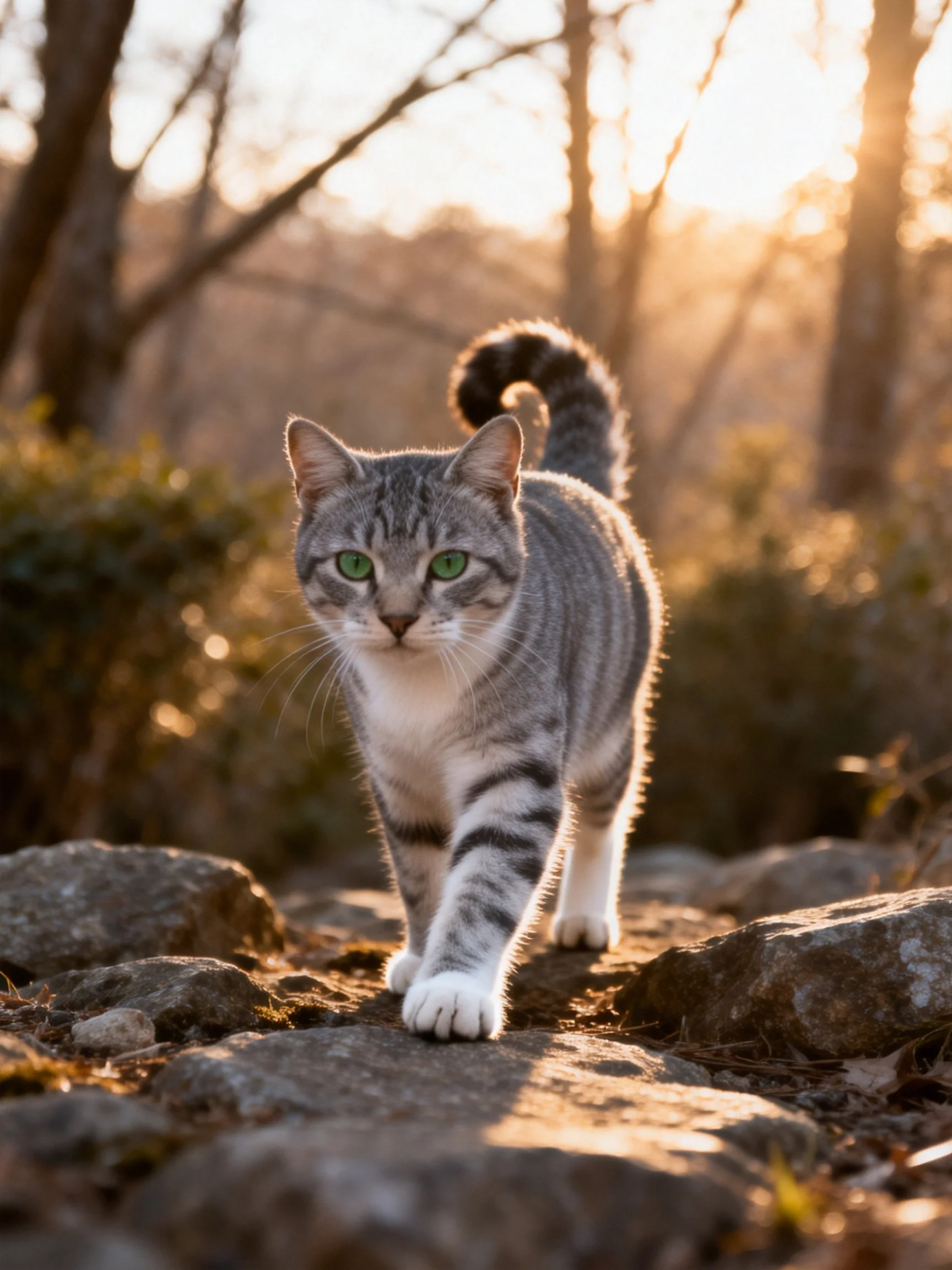 A gray tabby cat with green eyes moves forward on rocks in a sunlit natural setting.