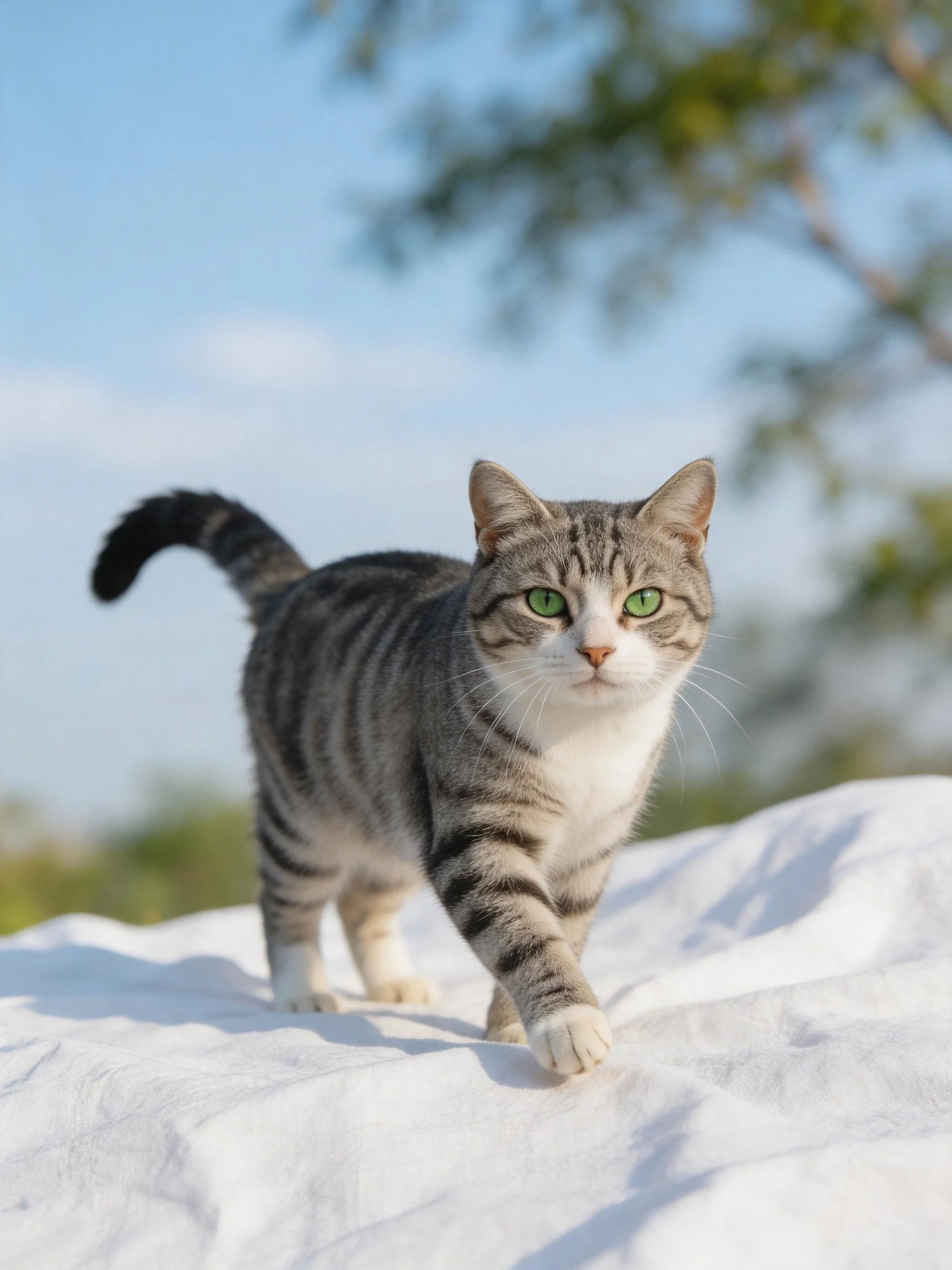 A gray tabby cat with green eyes walks on white fabric in an outdoor setting.