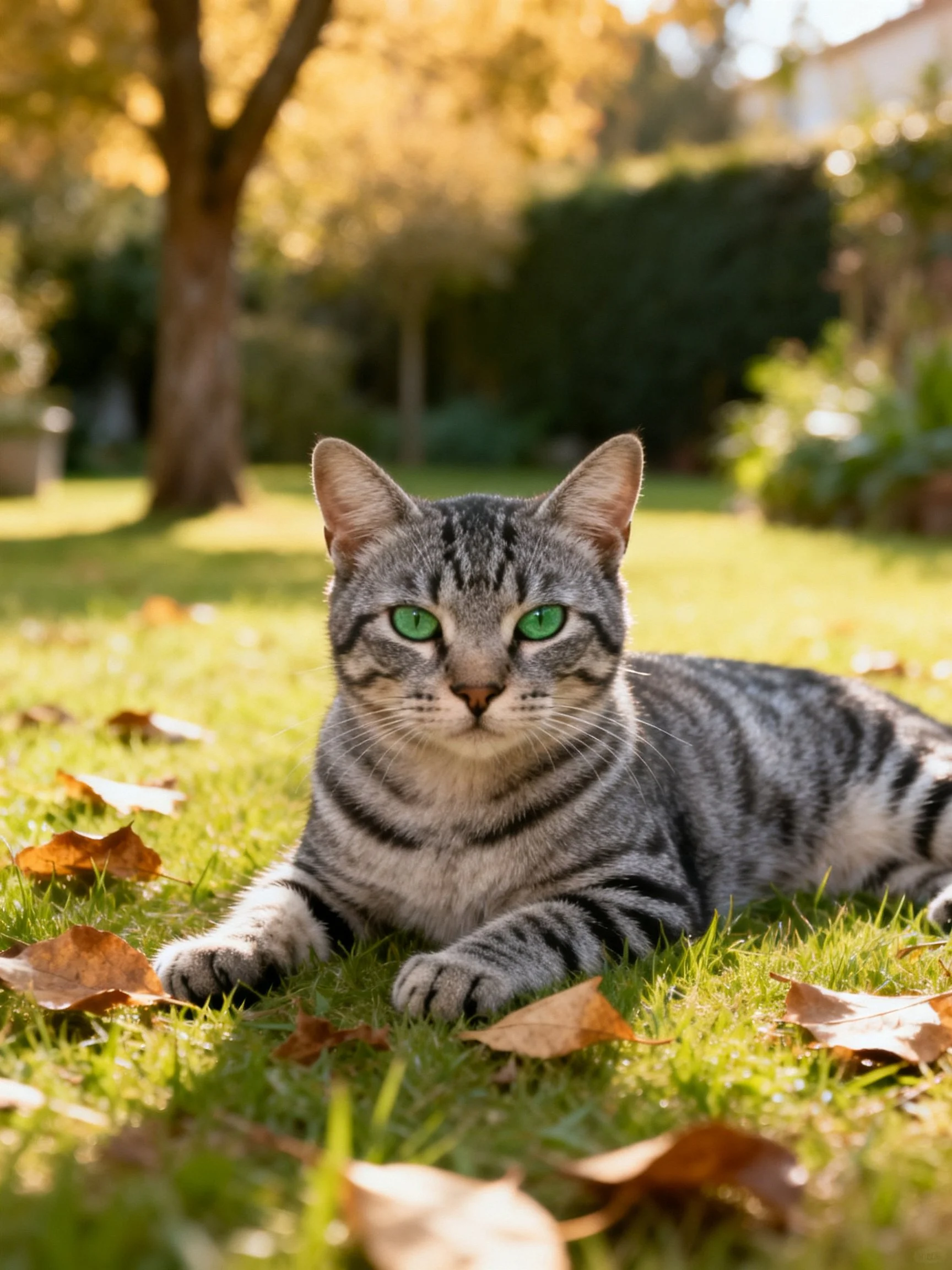 A gray tabby cat with green eyes relaxes on grass among fallen leaves in a sunlit garden.