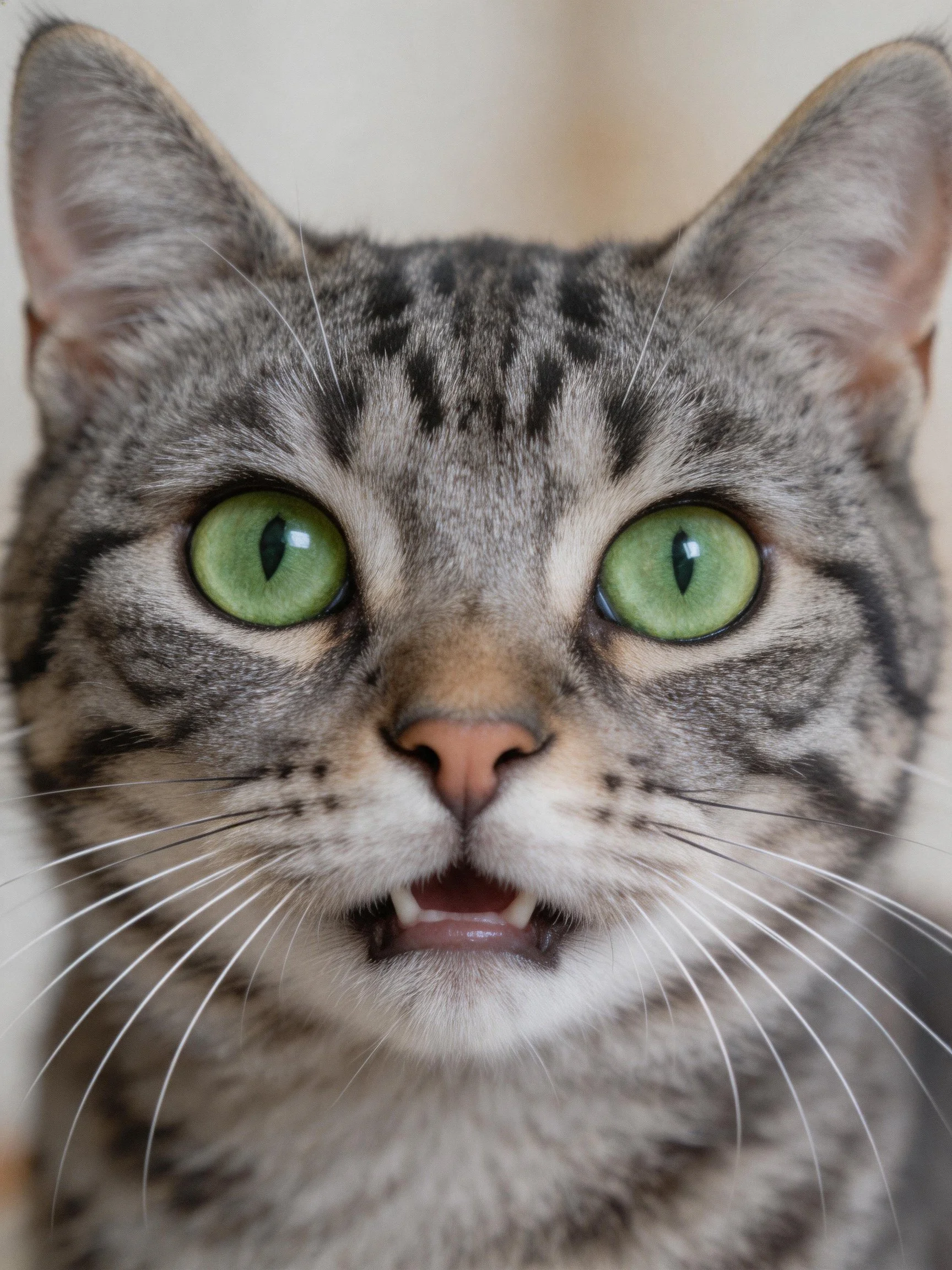 A gray tabby cat with bright green eyes looks directly at the viewer