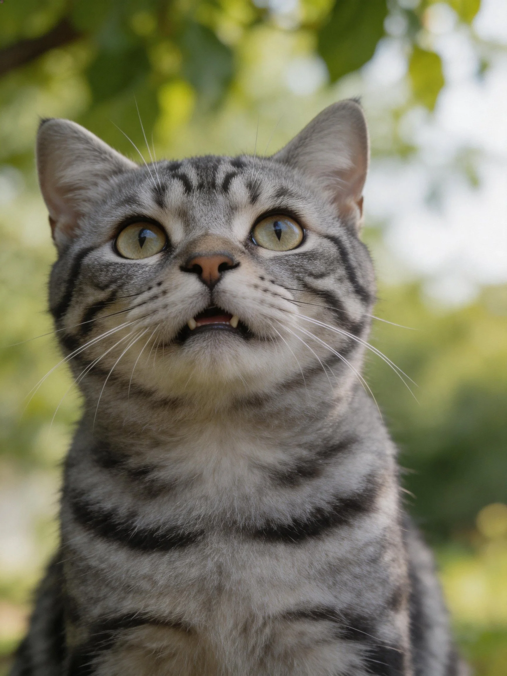A gray tabby cat looks upward with wide green eyes amid a sunlit, leafy backdrop.