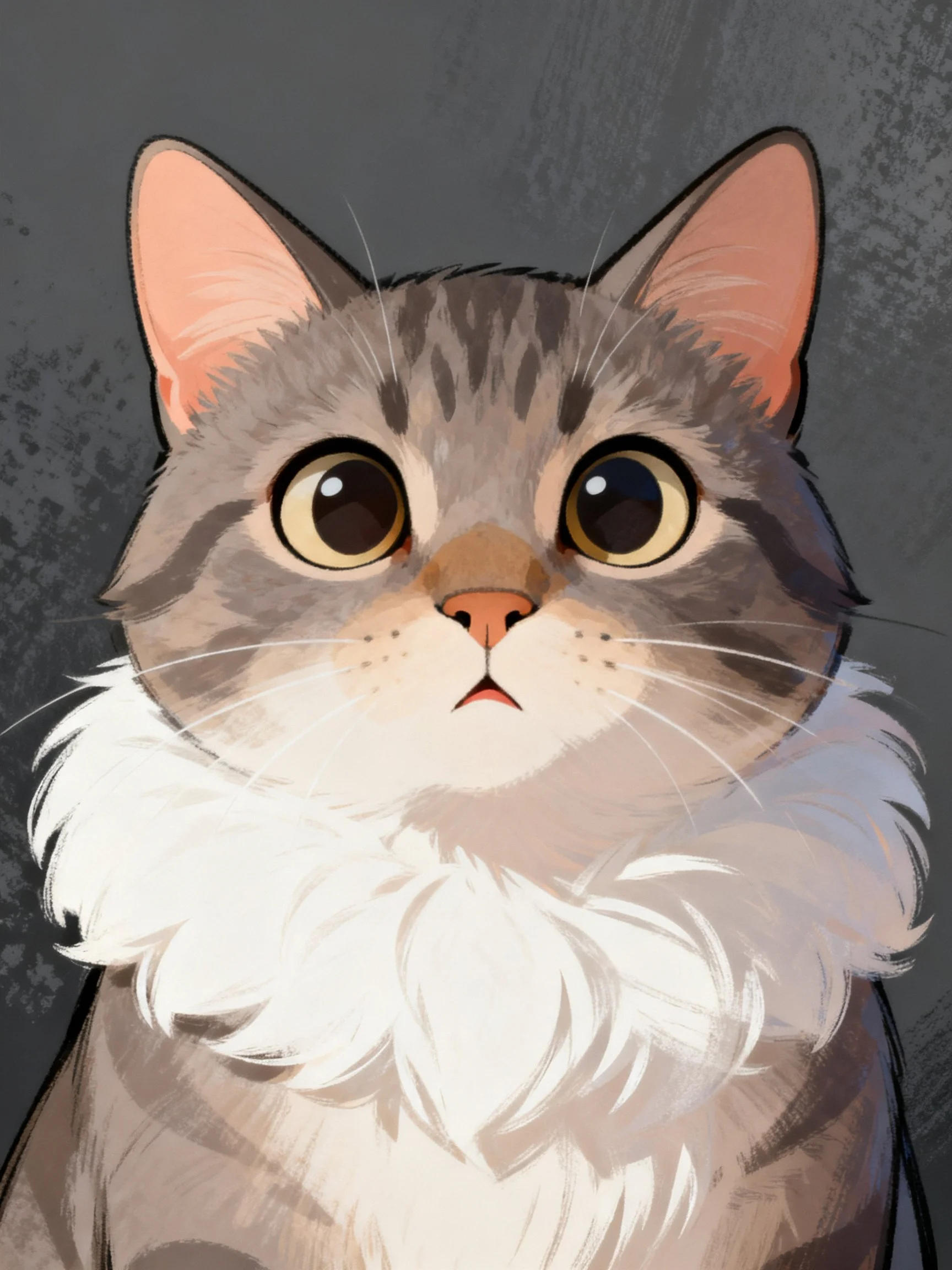 A gray tabby cat with large eyes gazes forward against a dark textured background.