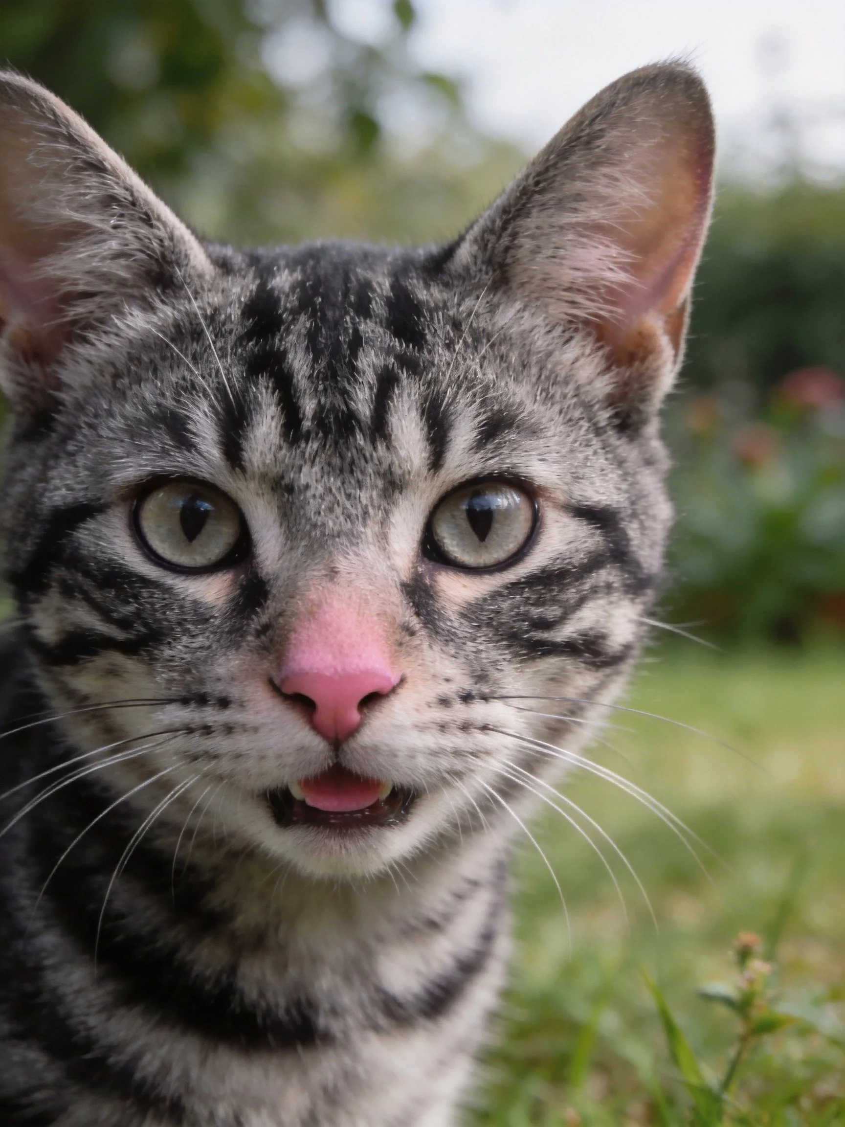 A gray tabby cat with pink nose in an outdoor setting