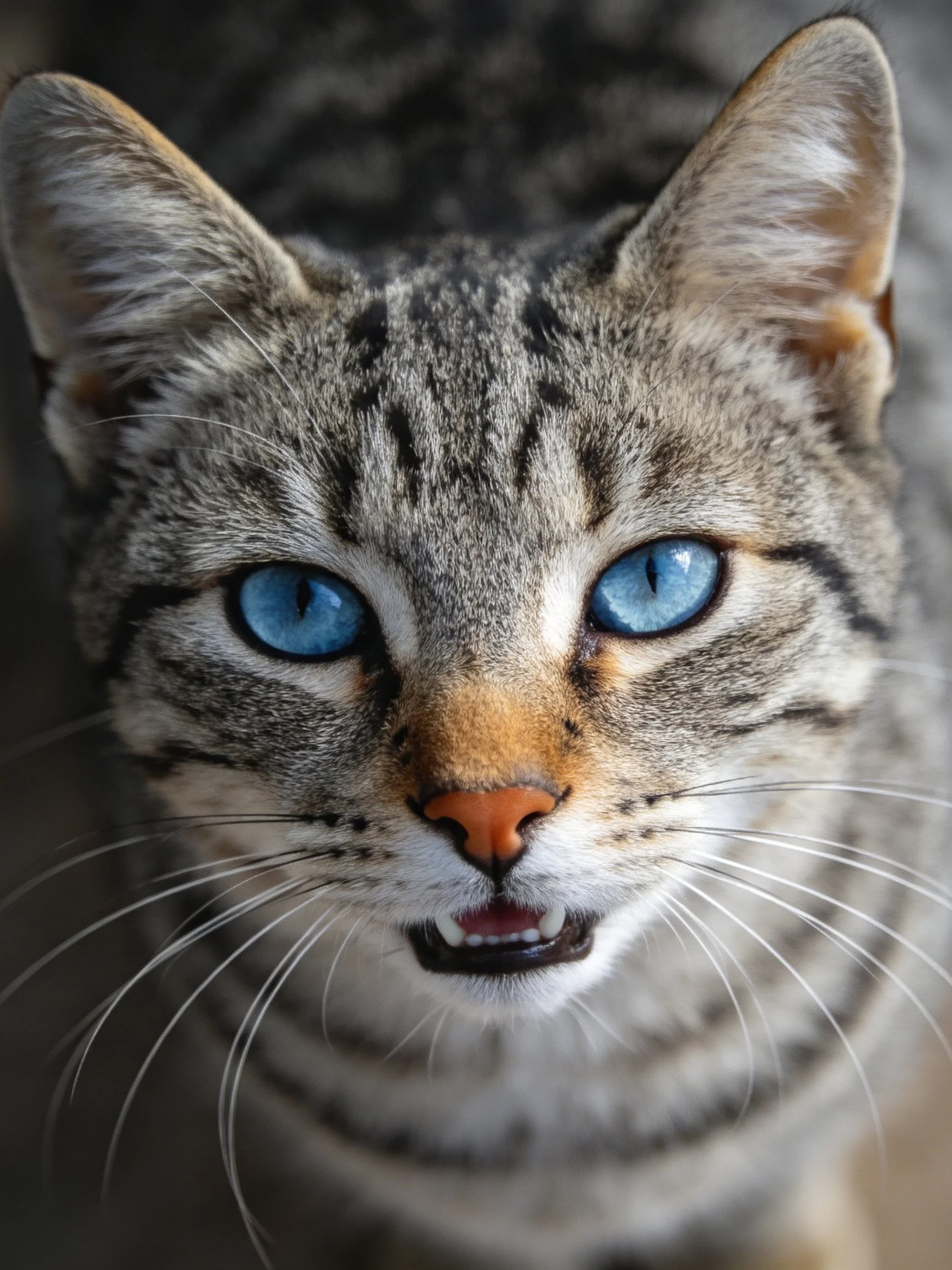 A gray tabby cat with striking blue eyes