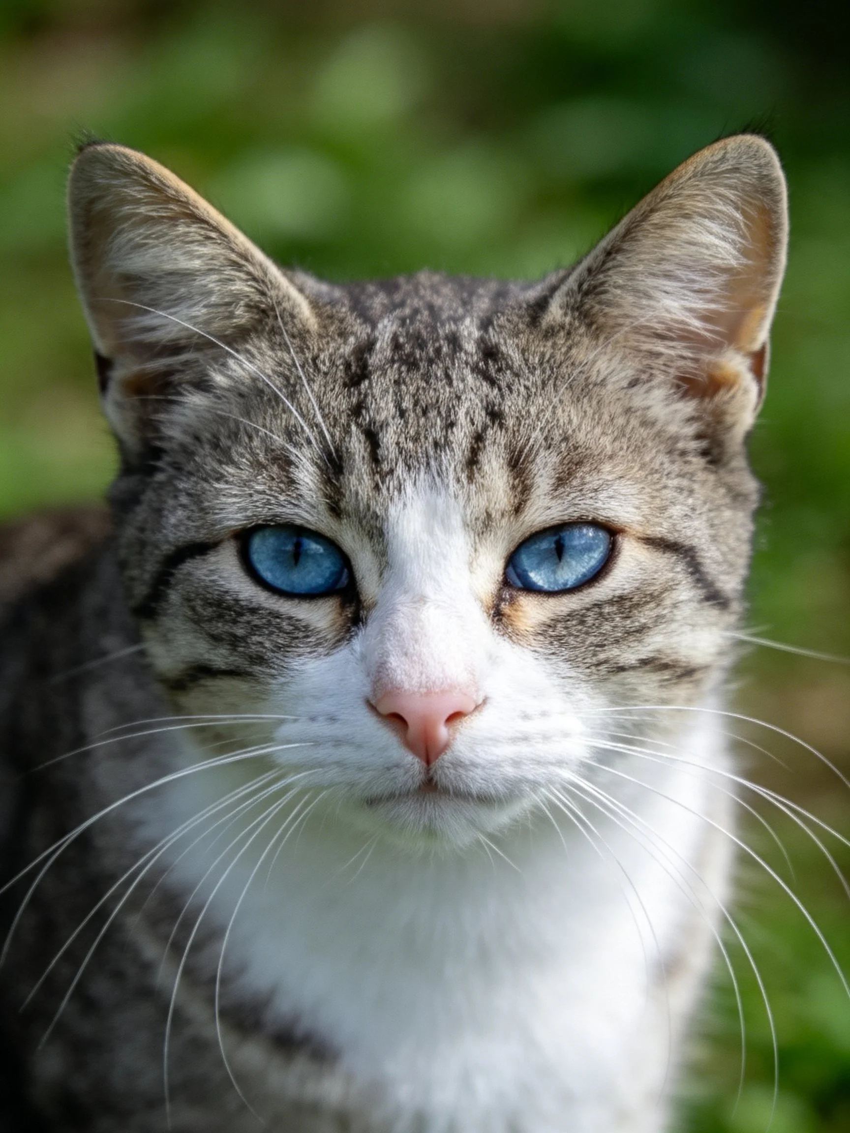 A gray tabby cat with striking blue eyes and white markings