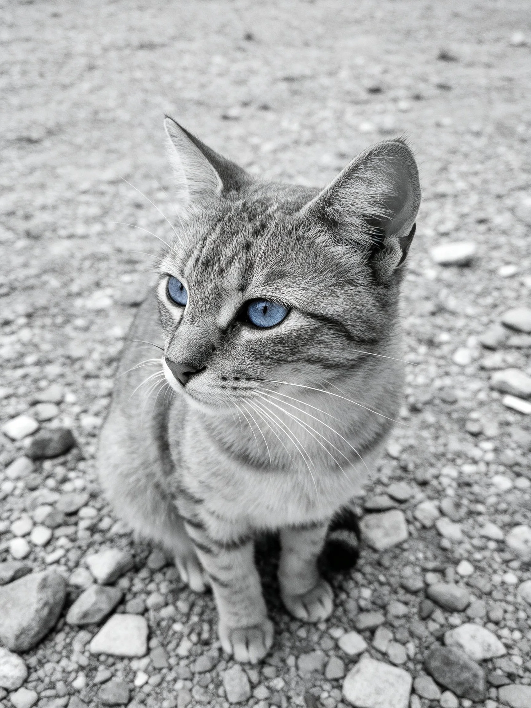 A gray tabby cat with striking blue eyes on gravel