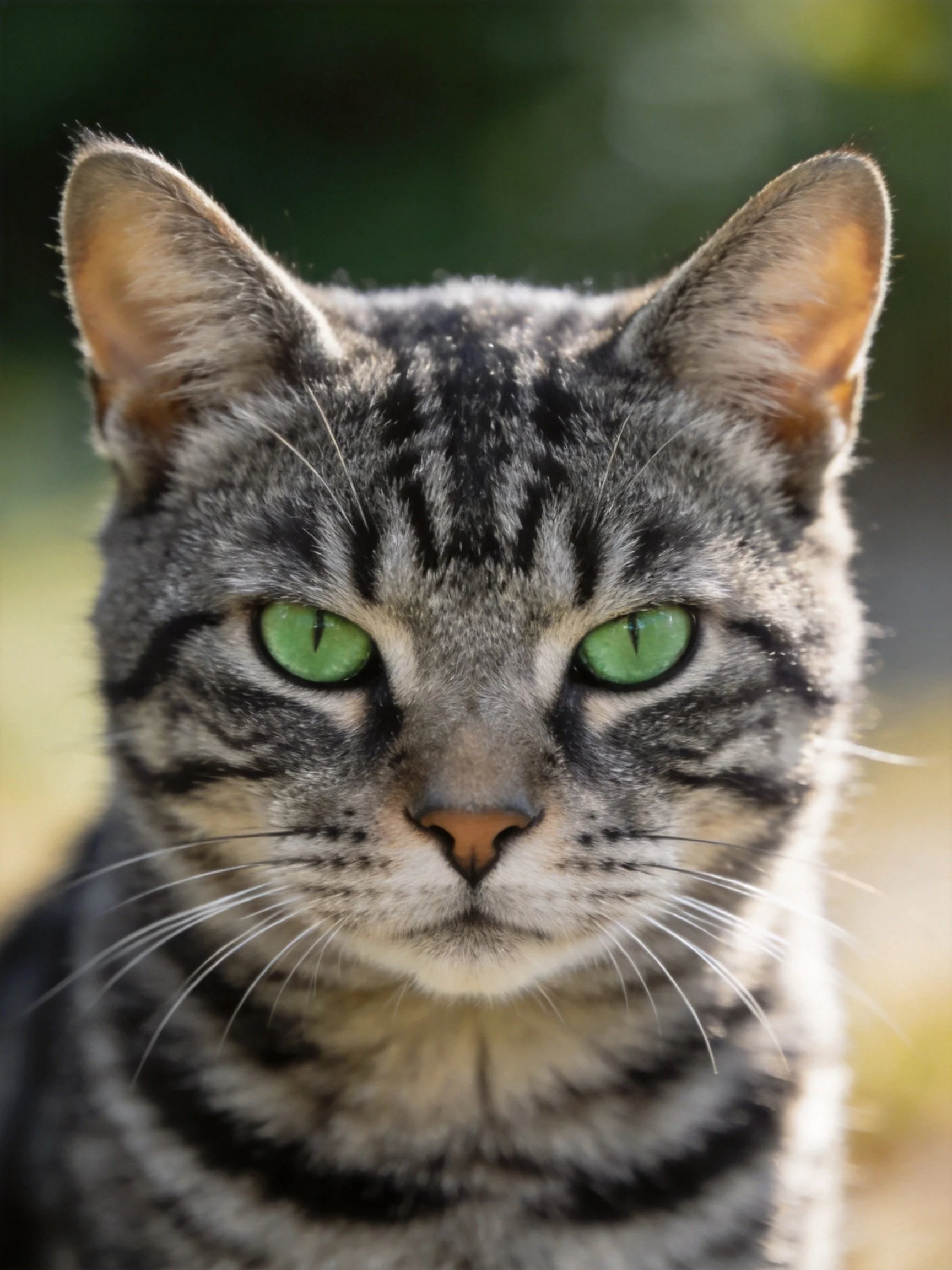 A gray tabby cat with striking green eyes