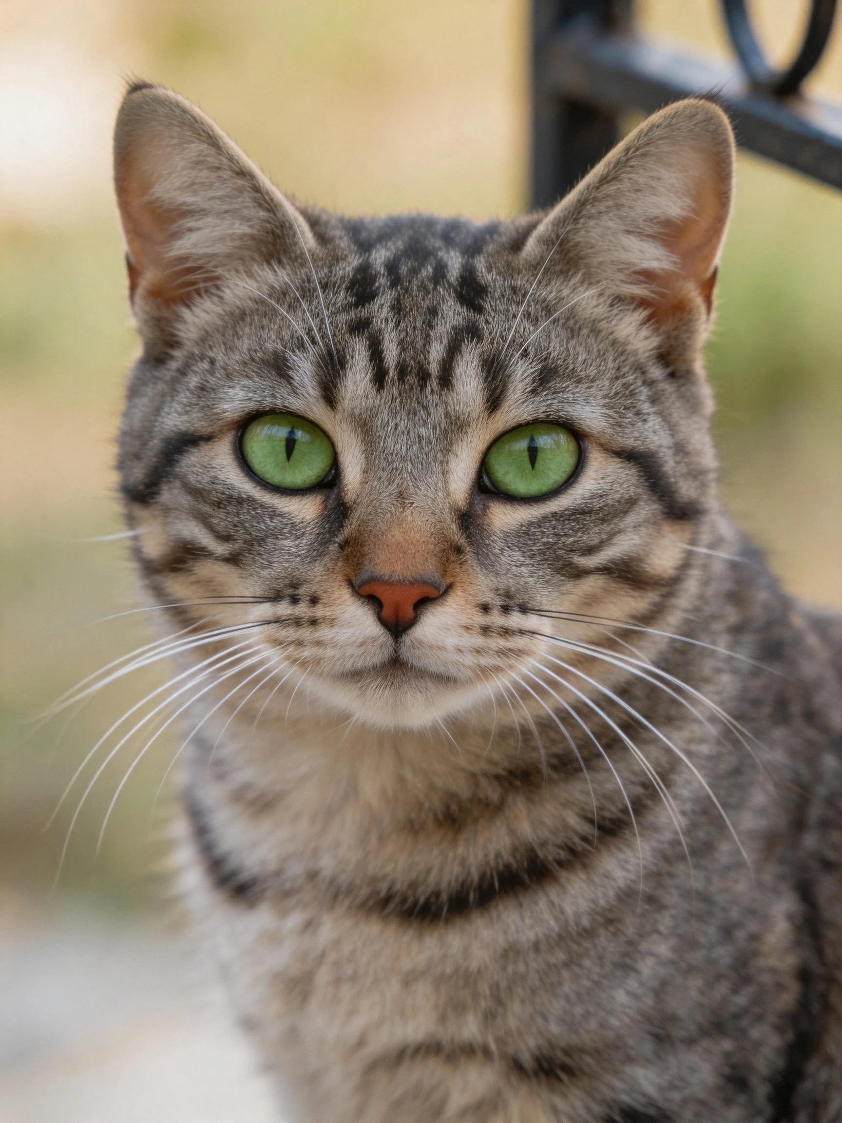 A gray tabby cat with striking green eyes and distinct stripes