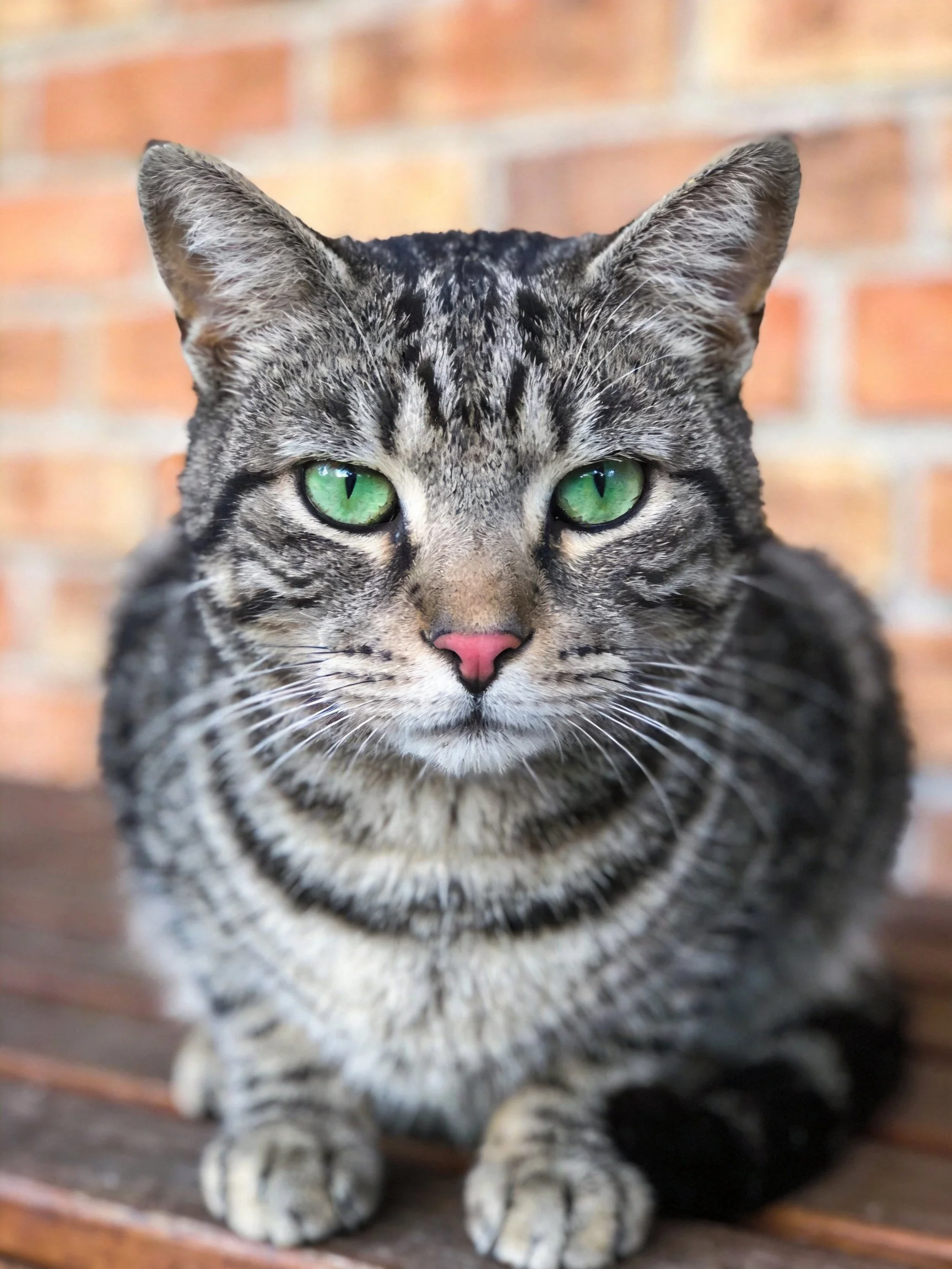 A gray tabby cat with striking green eyes sits against a brick wall