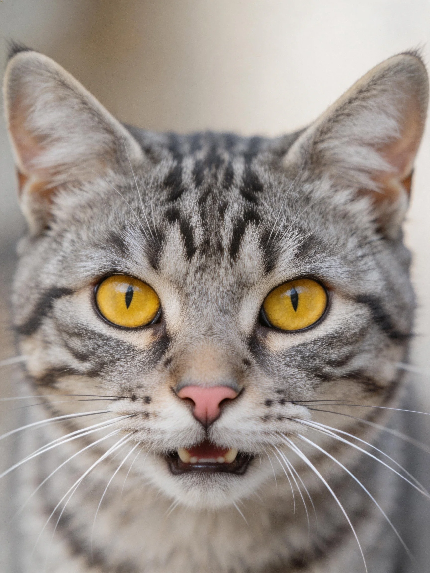 A close - up of a gray tabby cat with vivid yellow eyes.