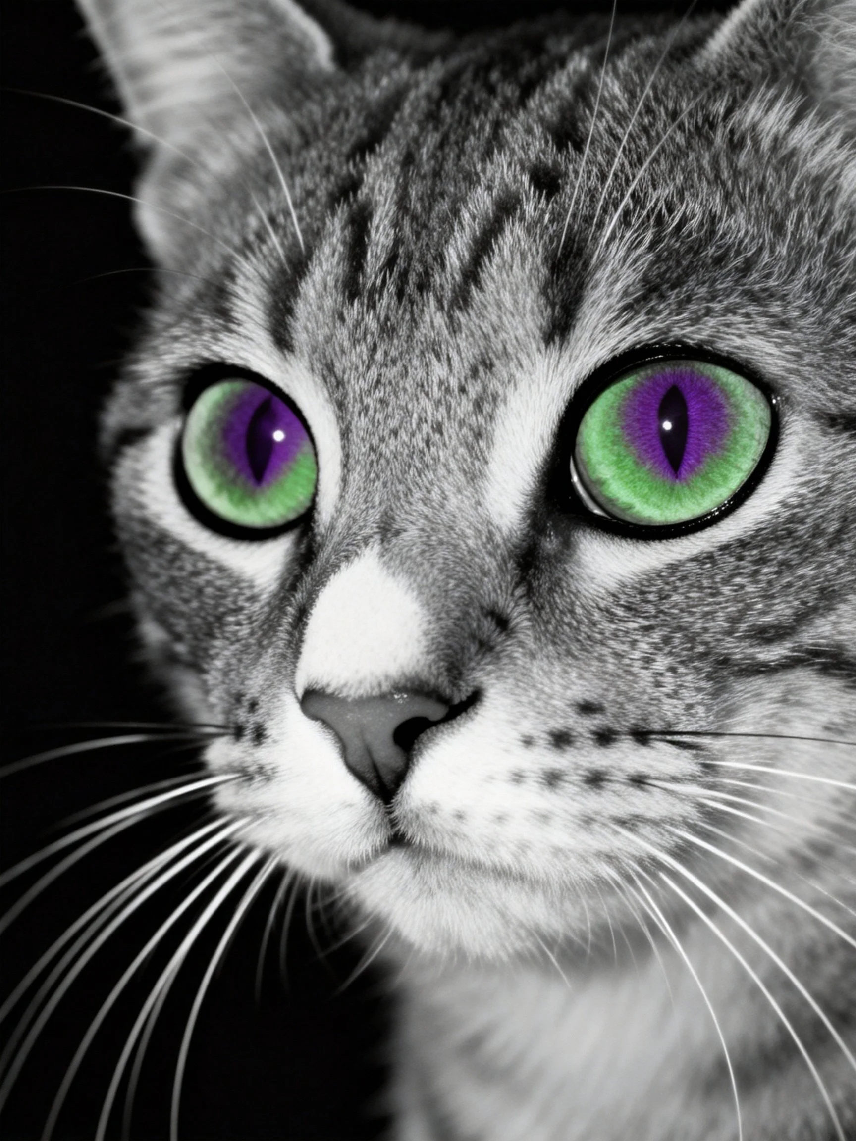 A gray tabby cat gazes intently with colorful eyes in a monochrome setting.