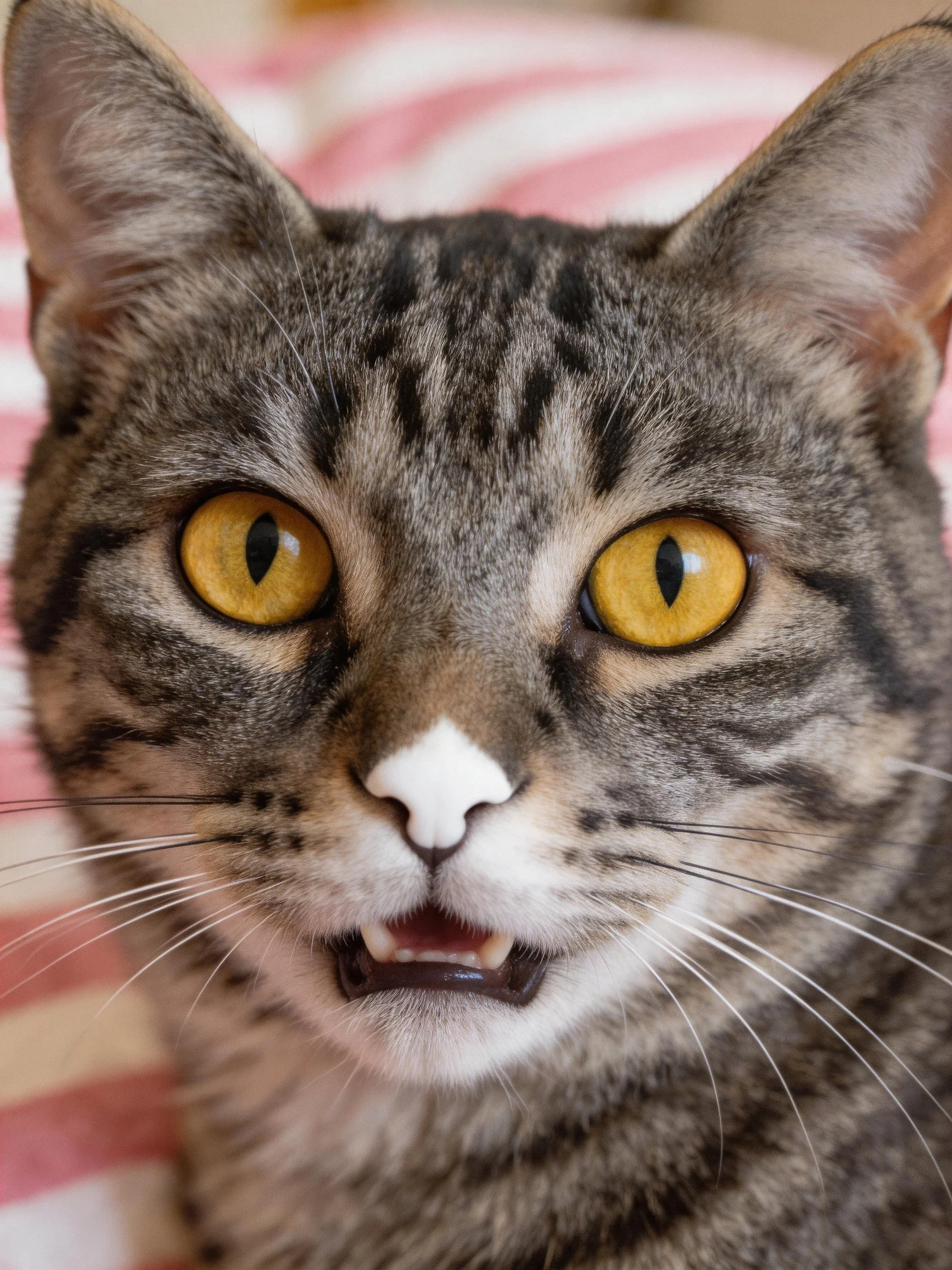 A gray tabby cat with vivid amber eyes on striped fabric
