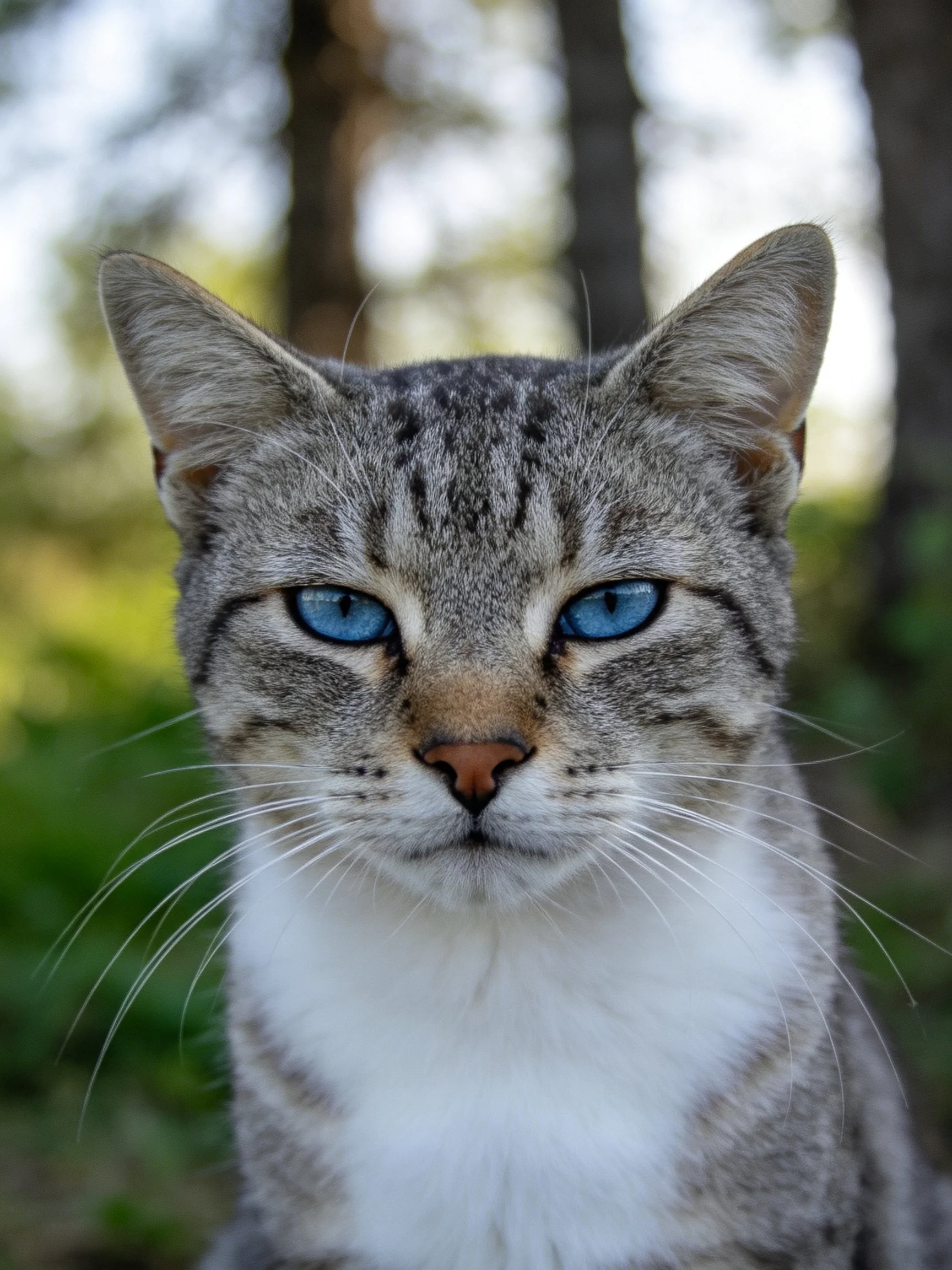 A gray tabby cat with vivid blue eyes among trees