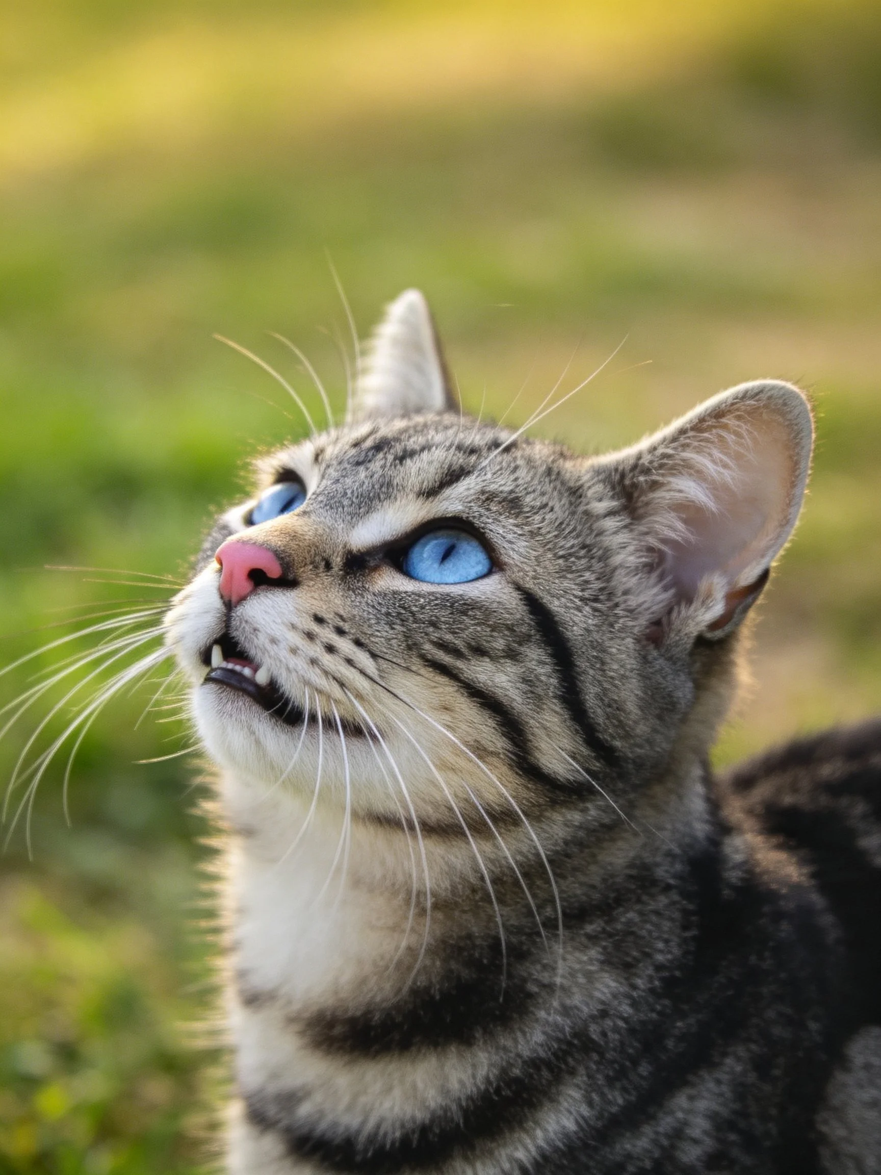 A gray tabby cat with vivid blue eyes looks upward outside.