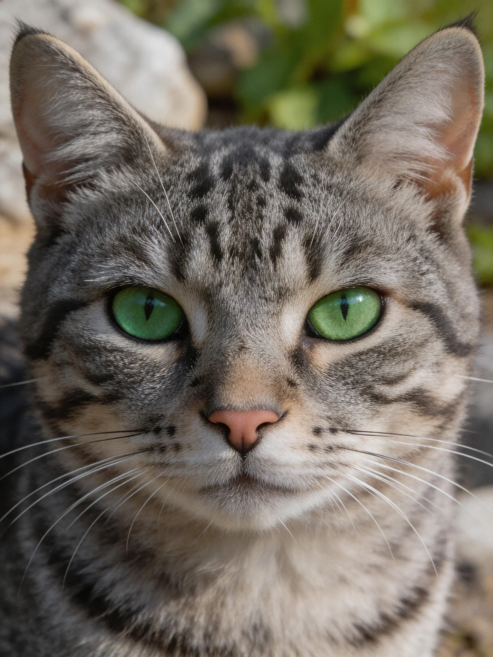 A close - up of a gray tabby cat with bright green eyes.