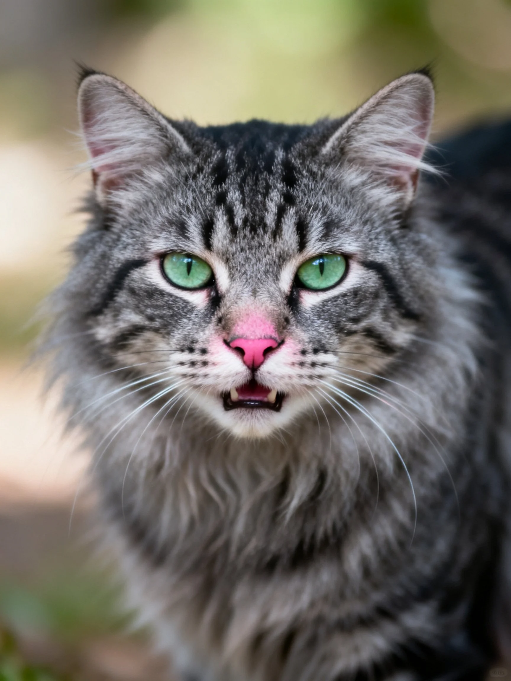 A gray tabby cat with green eyes and pink nose appears alert outdoors.