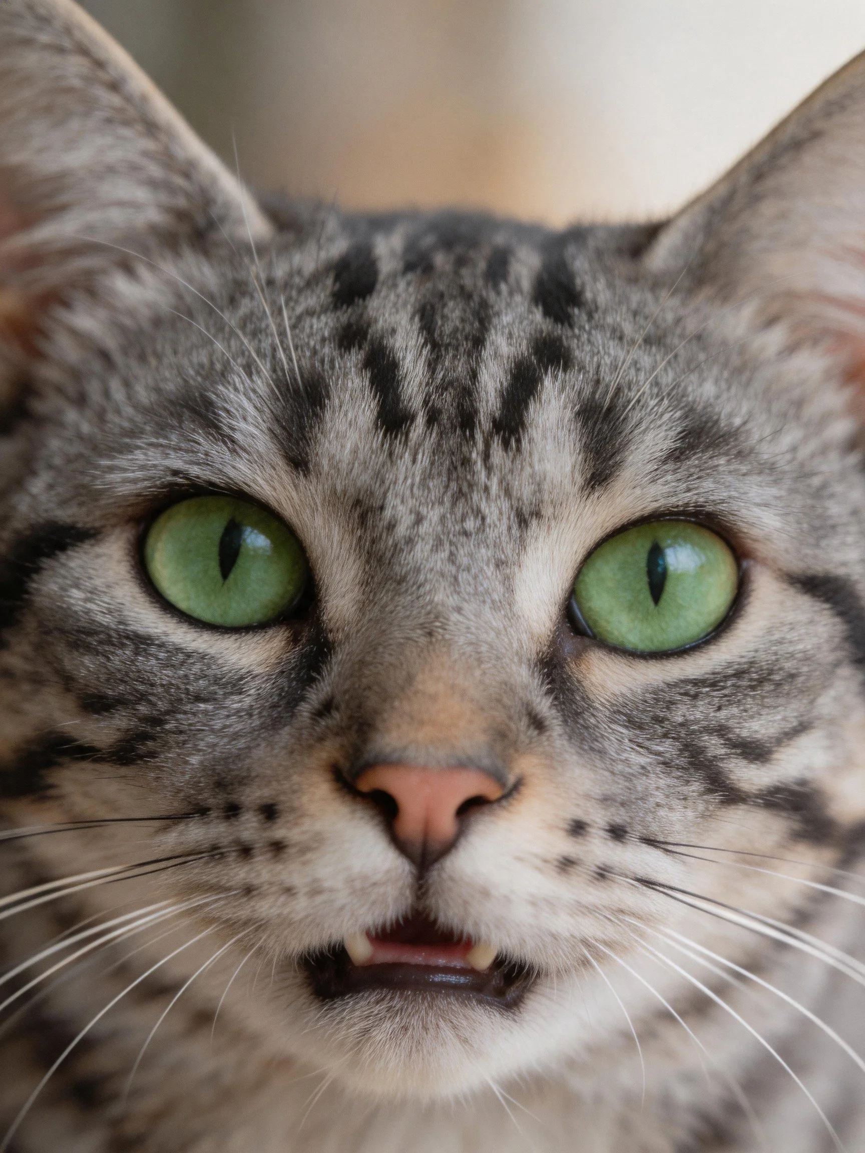 A gray tabby cat looks directly into the camera with bright green eyes.