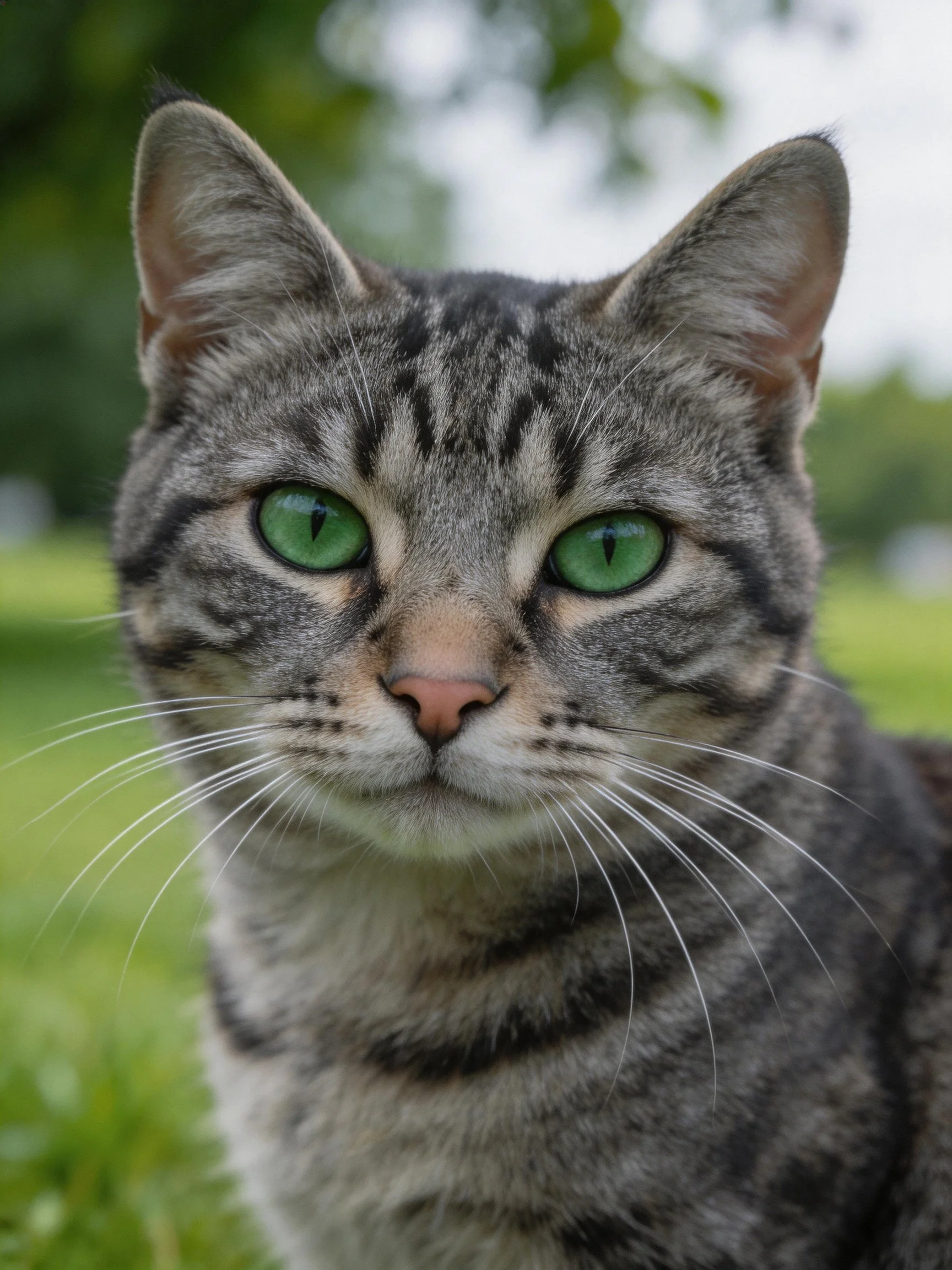 A gray tabby cat with vivid green eyes in a natural setting