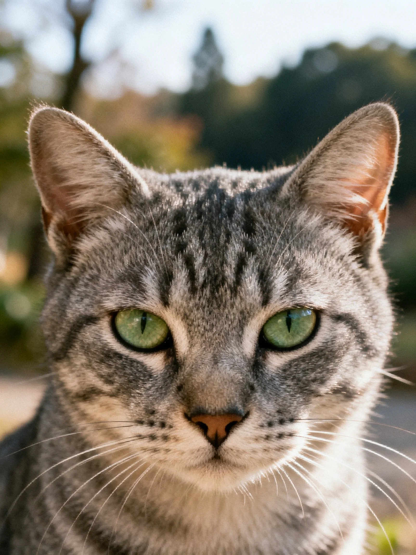 A close - up of a gray tabby cat with green eyes in an outdoor environment.