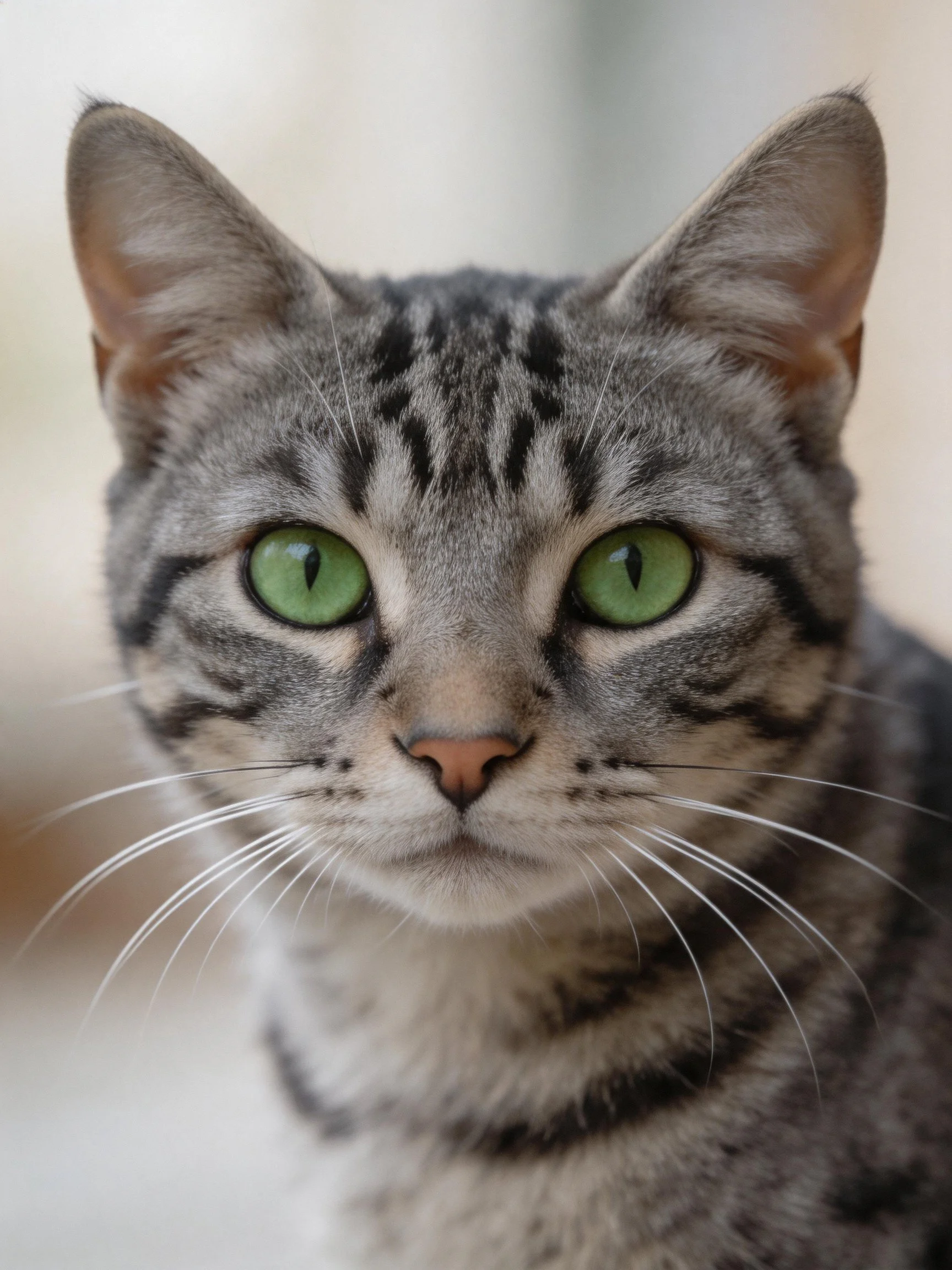 A gray tabby cat with vivid green eyes is photographed up close.