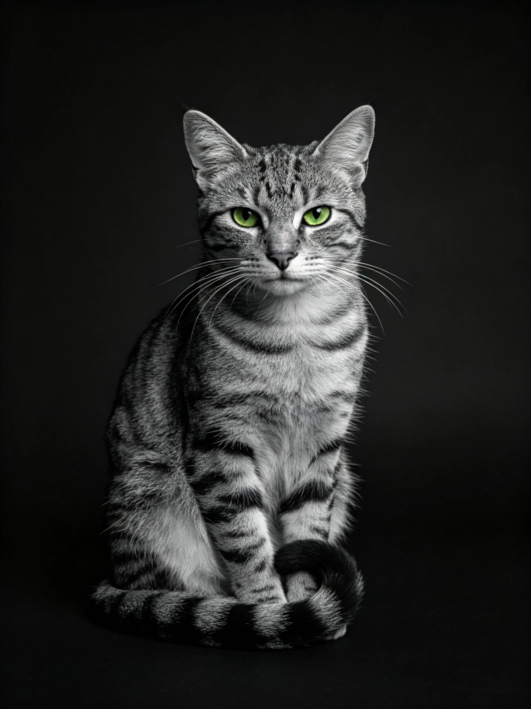 A gray tabby cat with vivid green eyes sits against a solid black background.