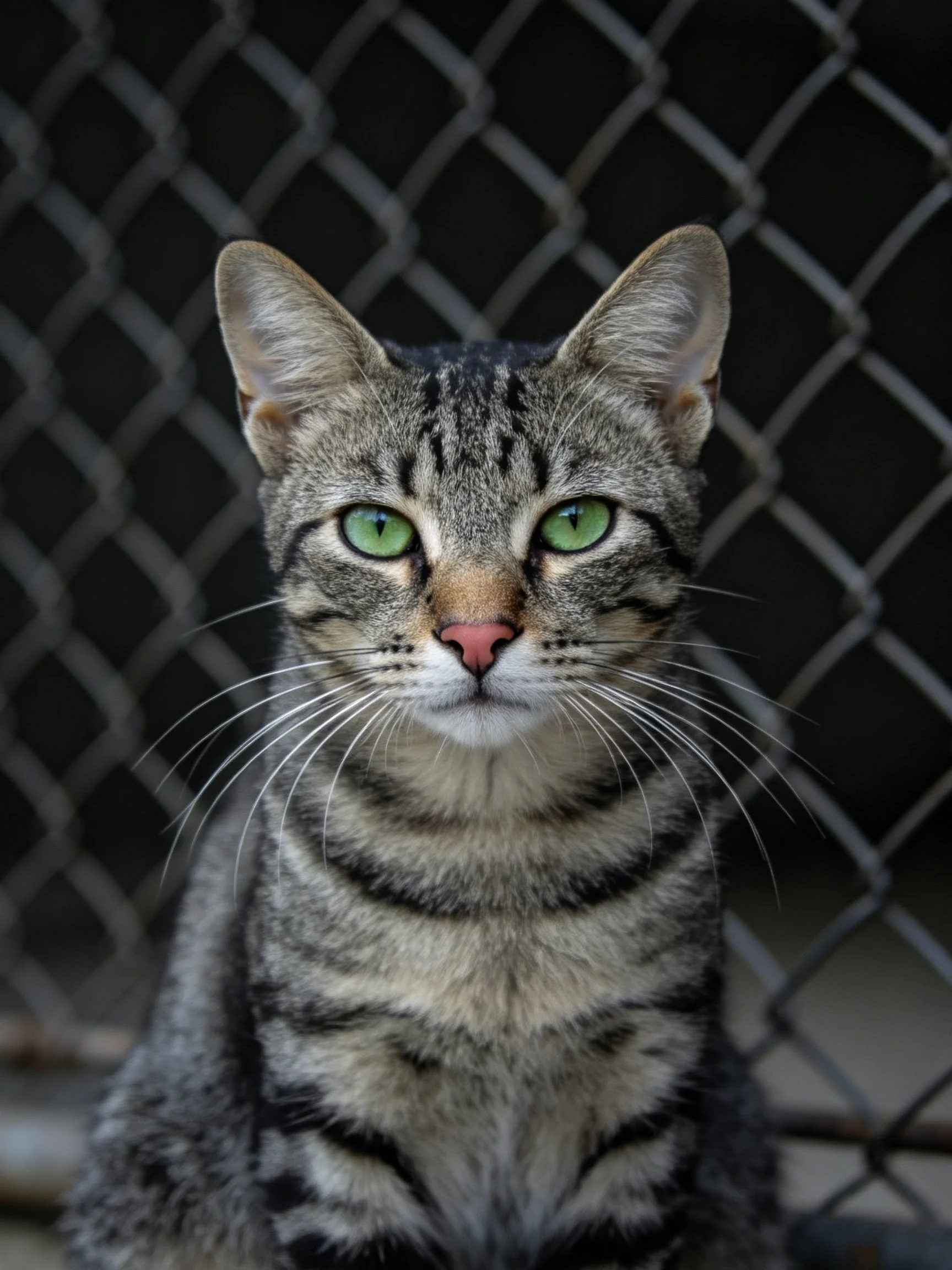 A gray tabby cat with green eyes is positioned in front of a chain-link fence.