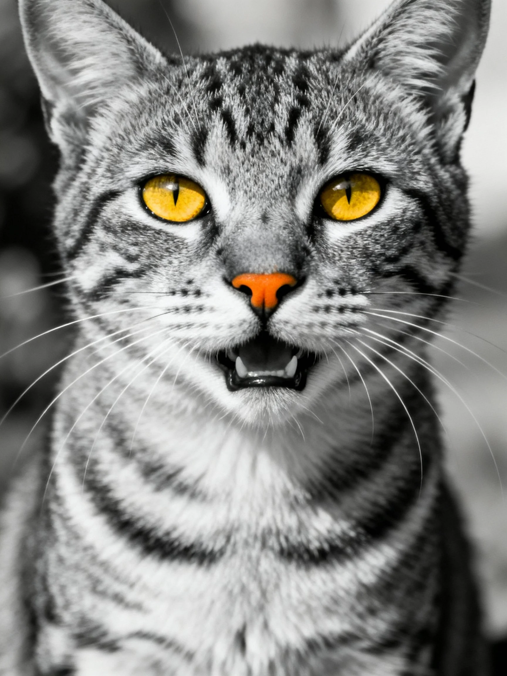 A gray tabby cat with vivid yellow eyes and orange nose