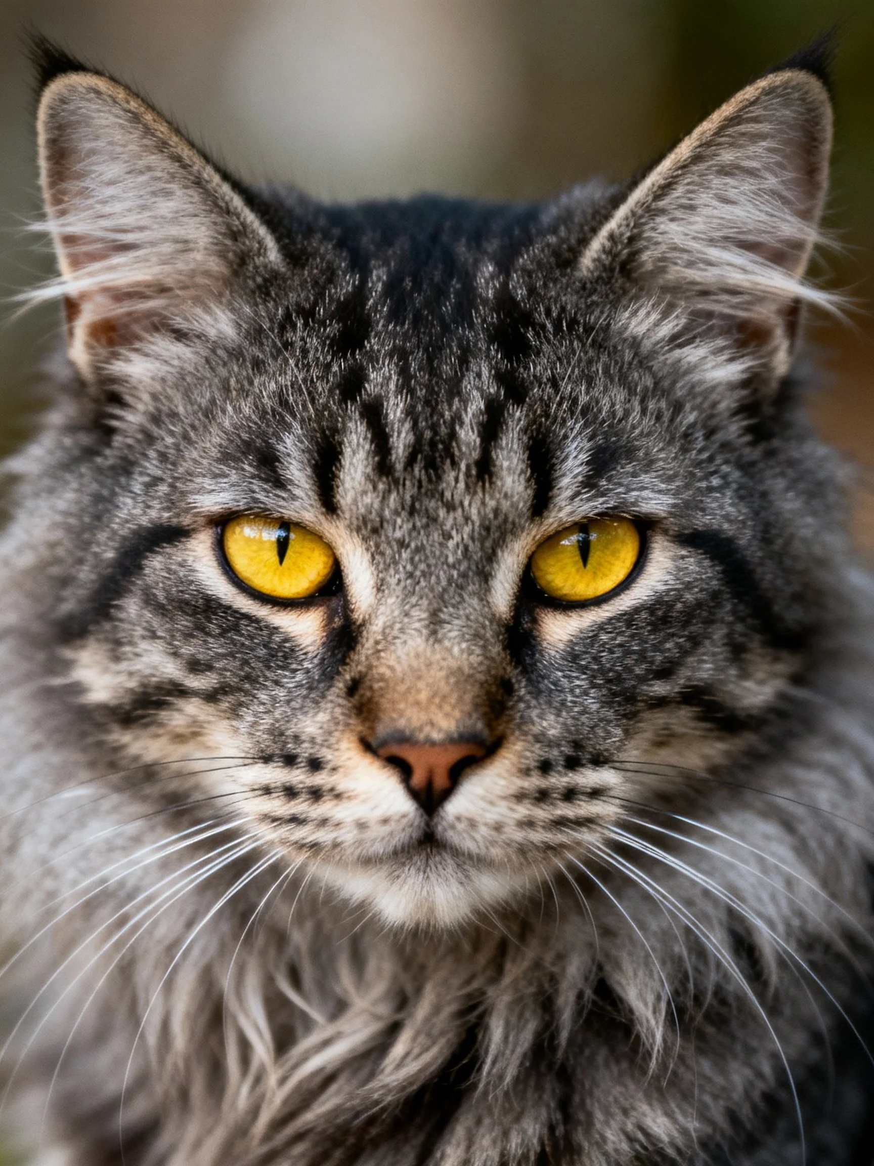 A gray tabby cat with vivid yellow eyes and thick fur