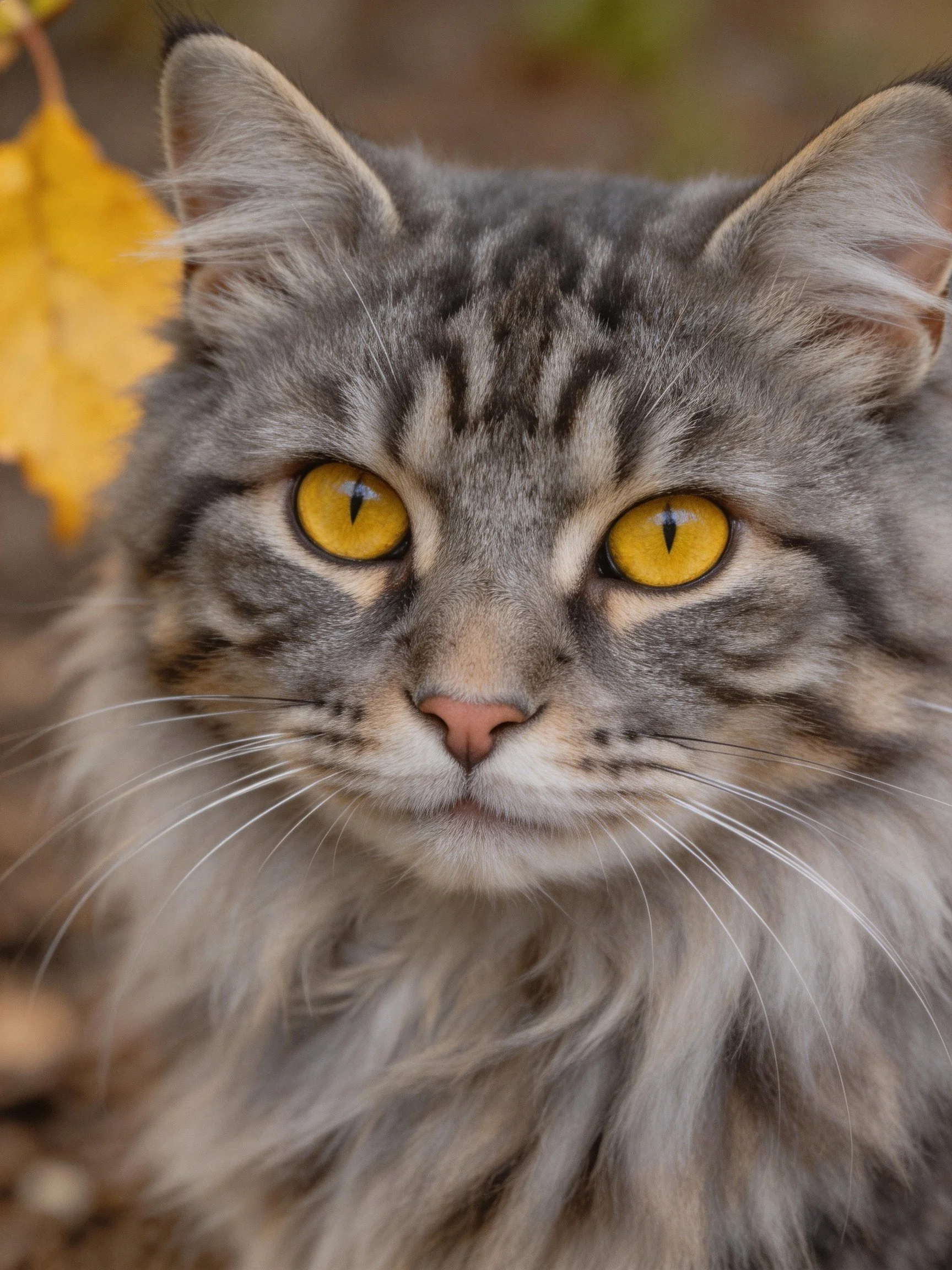 A gray tabby cat with vivid yellow eyes beside a golden leaf