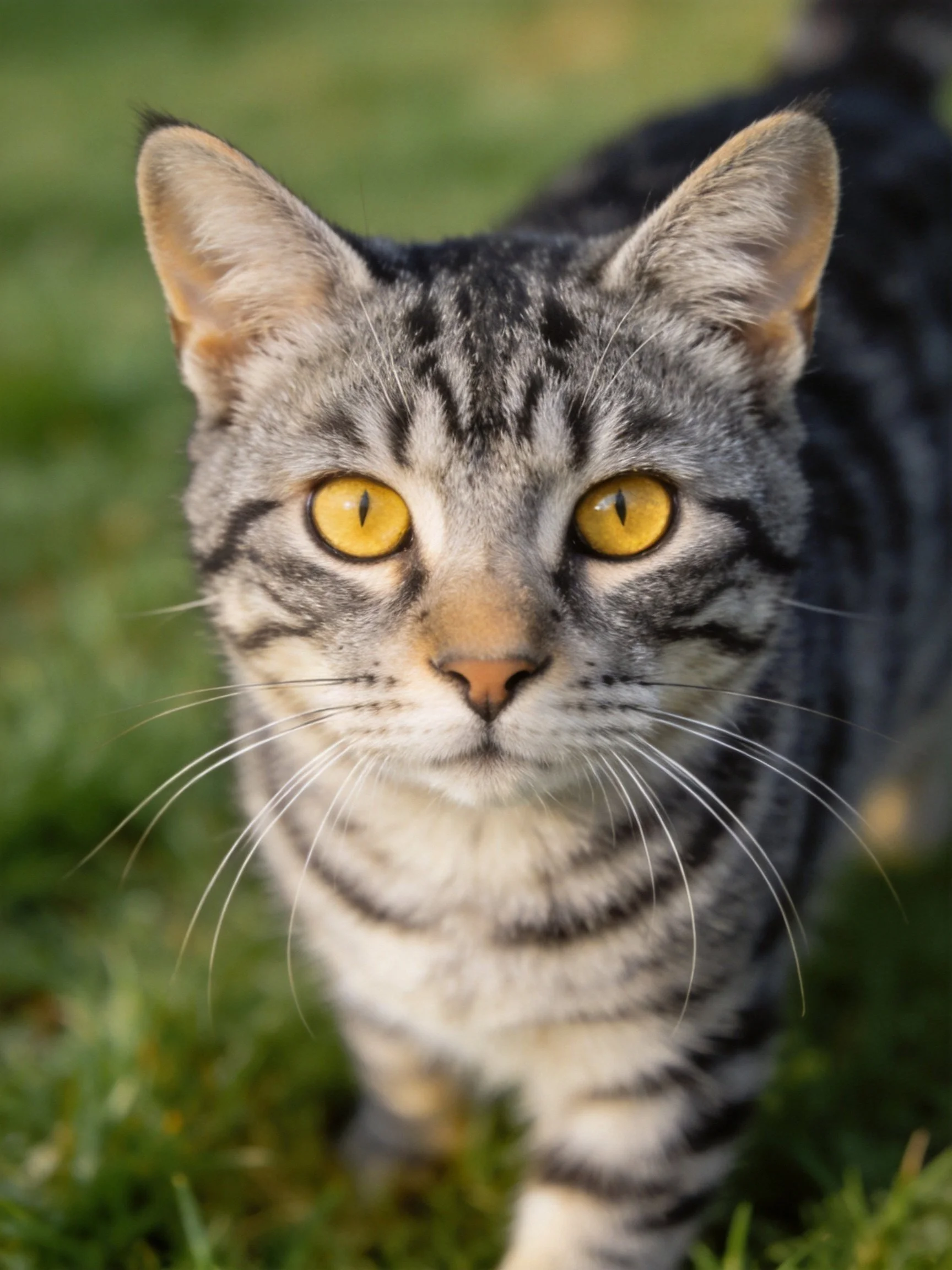 A gray tabby cat with vivid yellow eyes on lush green grass