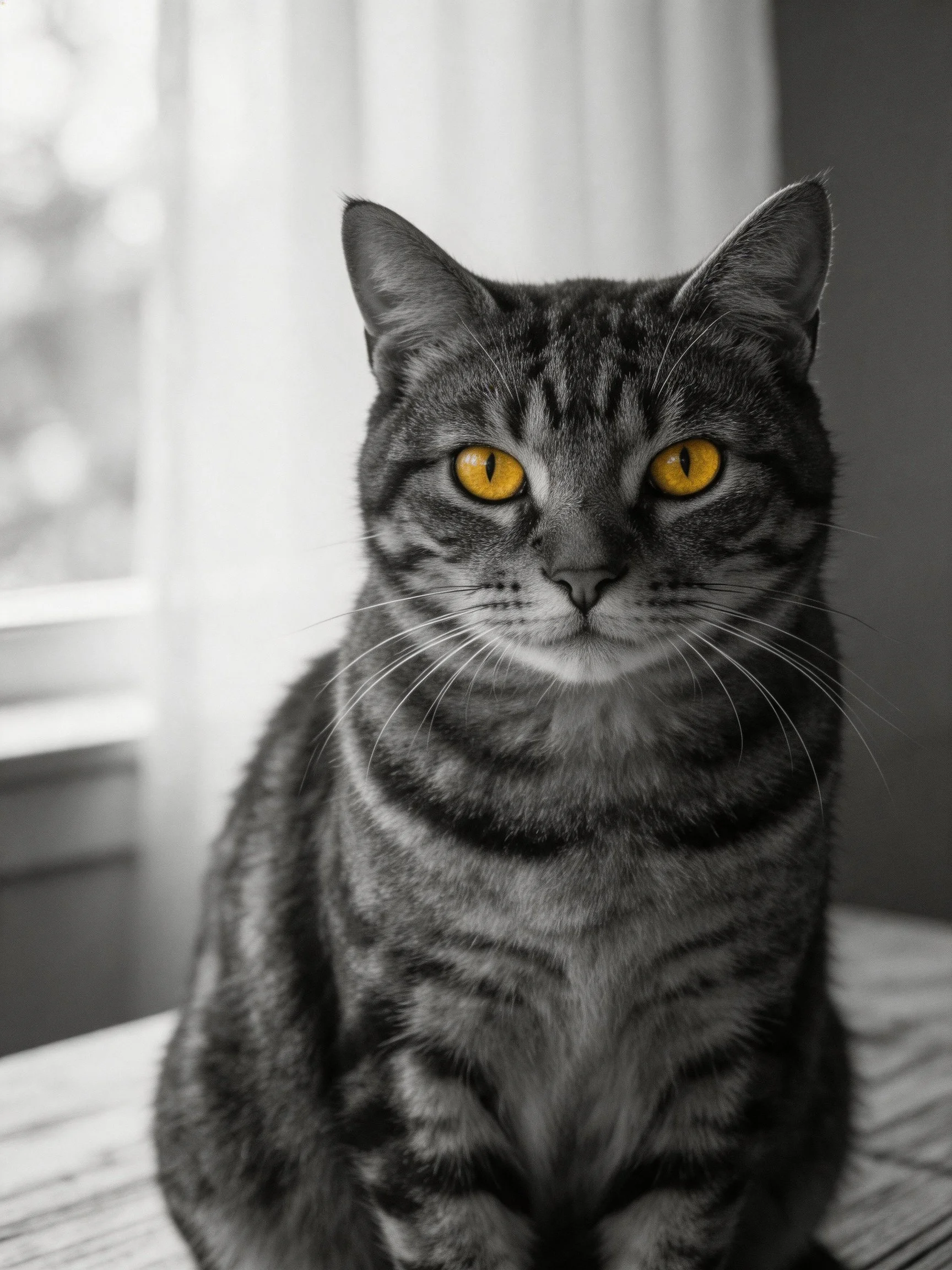 A gray tabby cat with vivid yellow eyes sits near a window