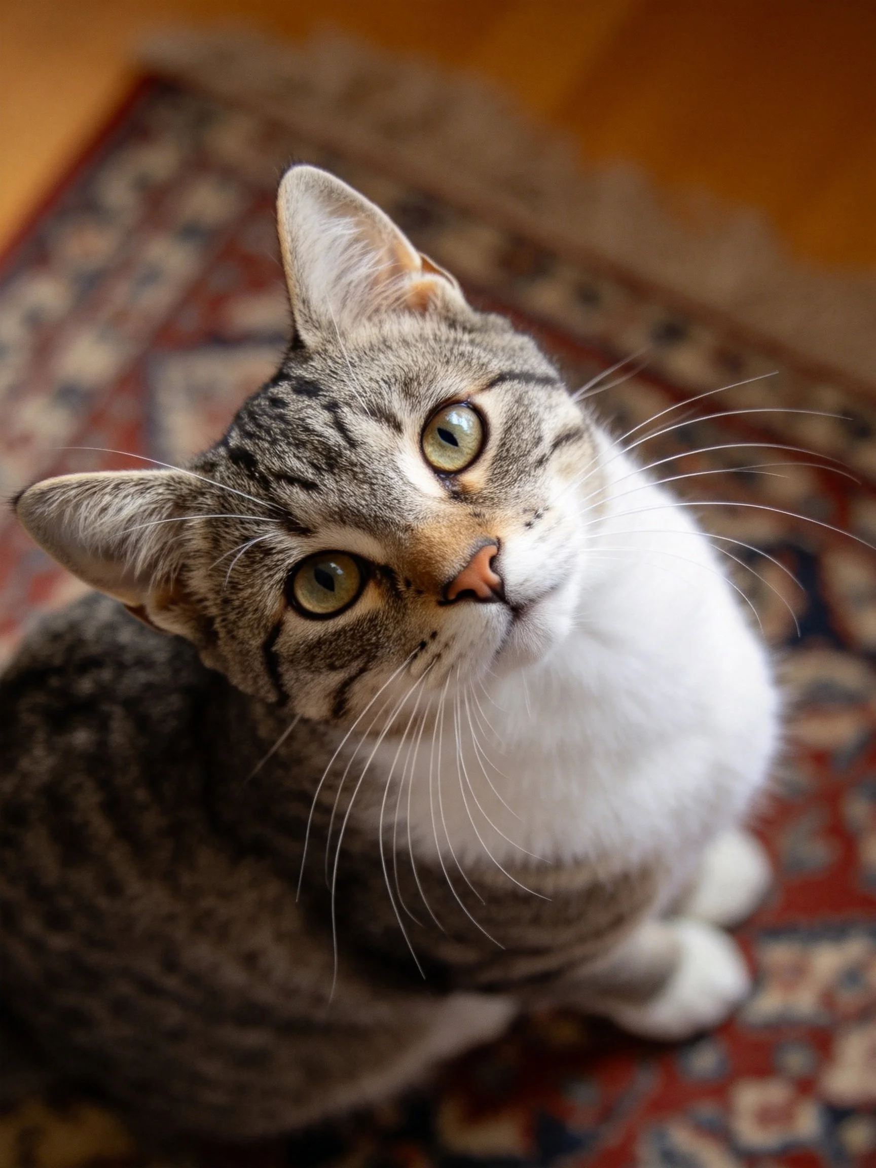 A gray-tabby cat with white chest sits on an ornate rug