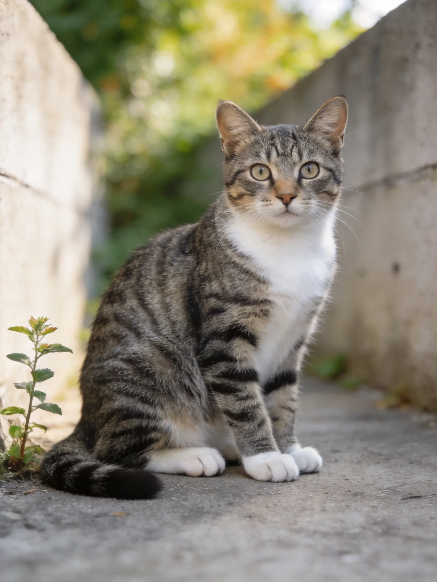 A gray tabby cat with white markings sits between stone walls