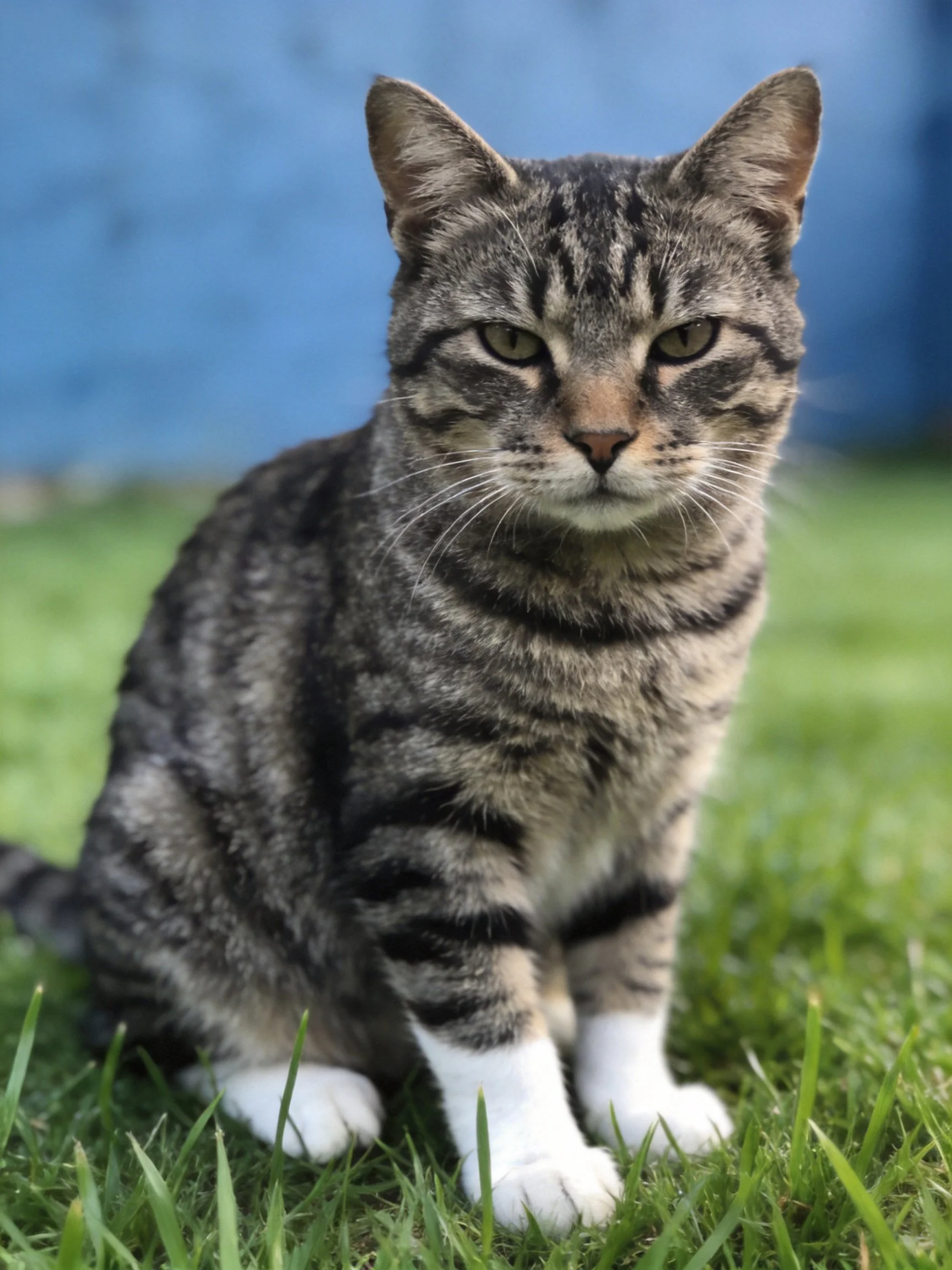 A gray tabby cat with white paws on green grass near blue wall