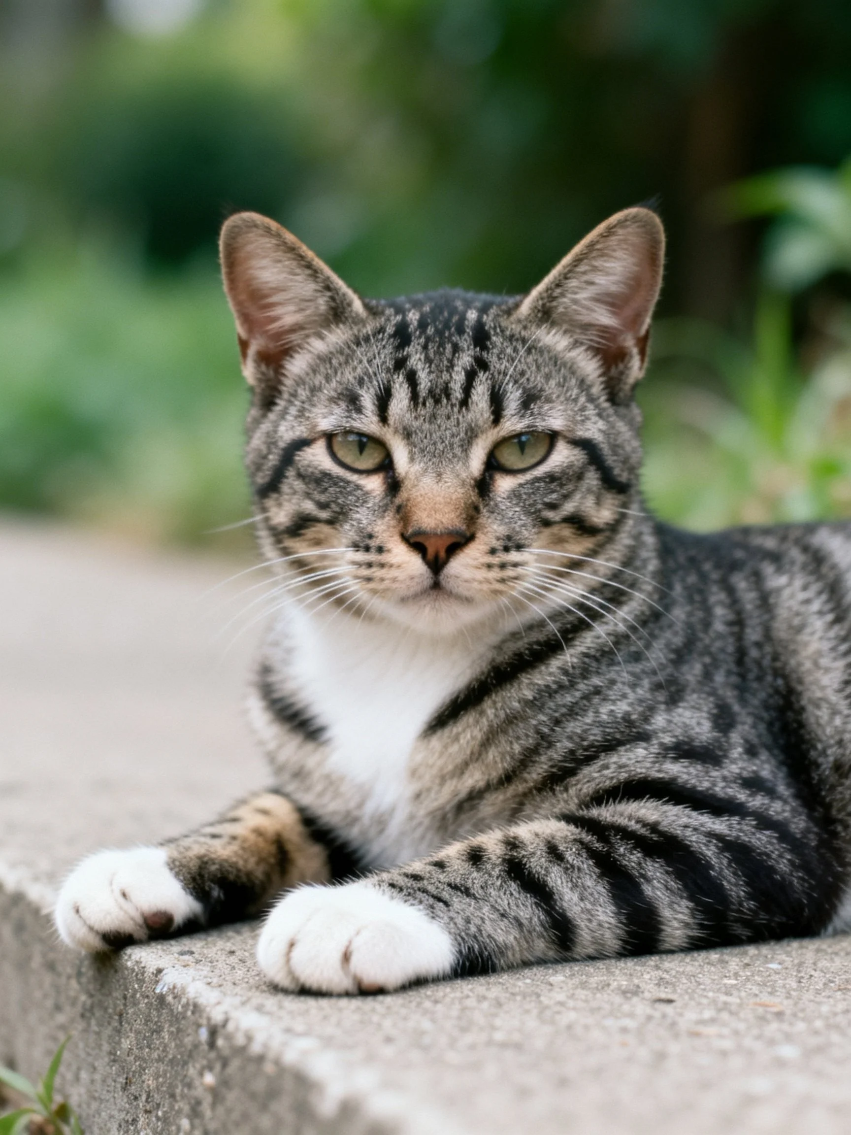 A gray tabby cat with white paws rests on outdoor concrete near greenery