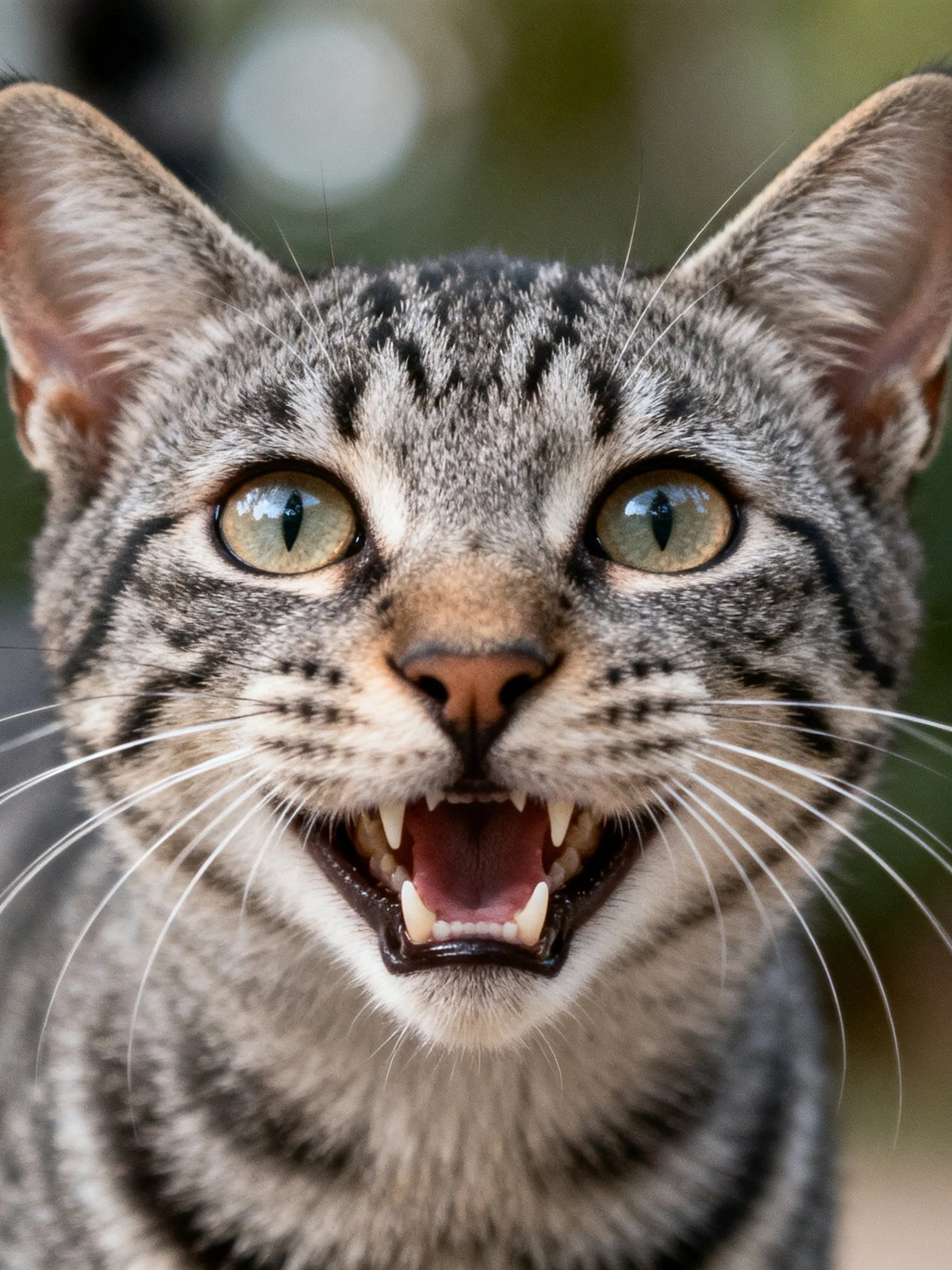 A gray tabby cat with wide green eyes and an open mouth