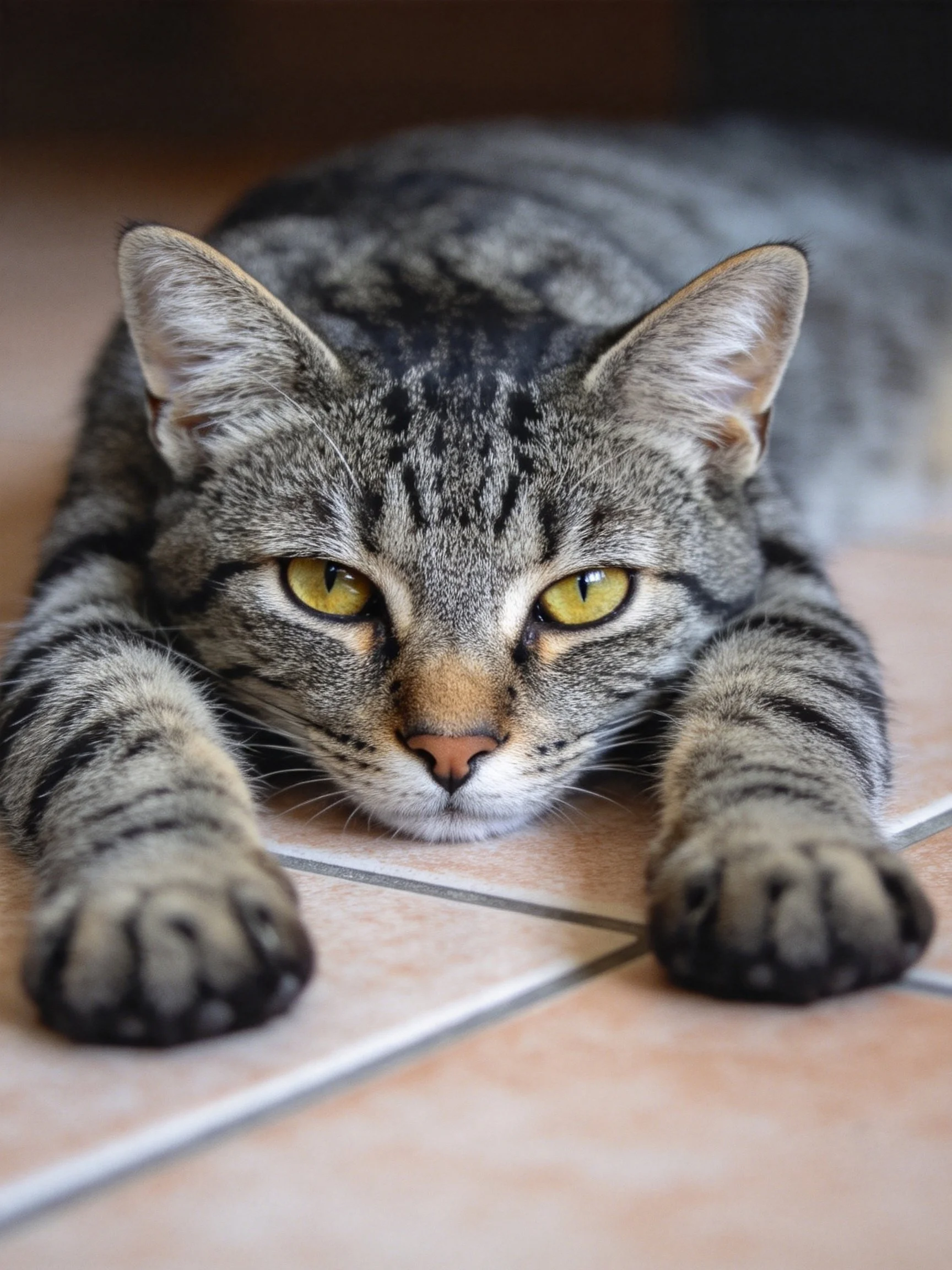 A gray tabby cat with yellow eyes rests on tiled flooring.