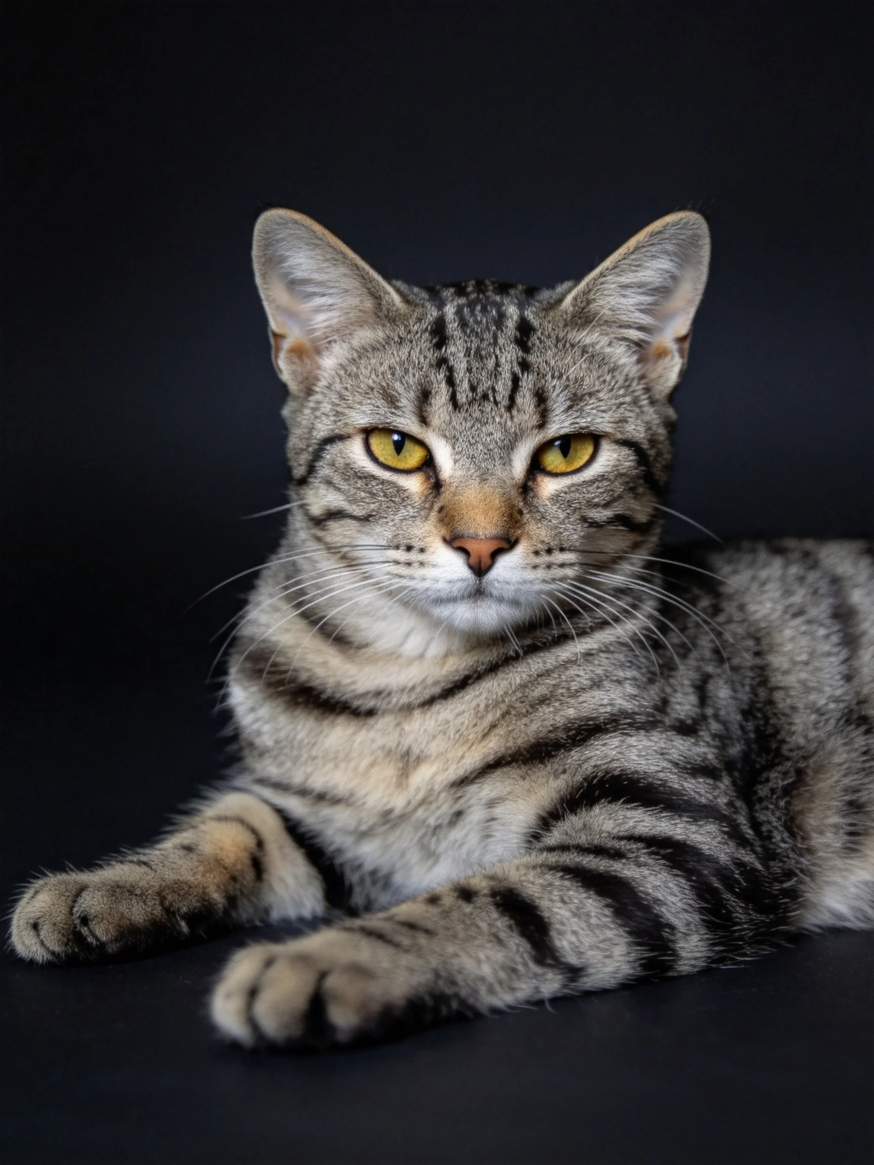 A gray tabby cat with bright yellow eyes rests calmly on a dark surface.