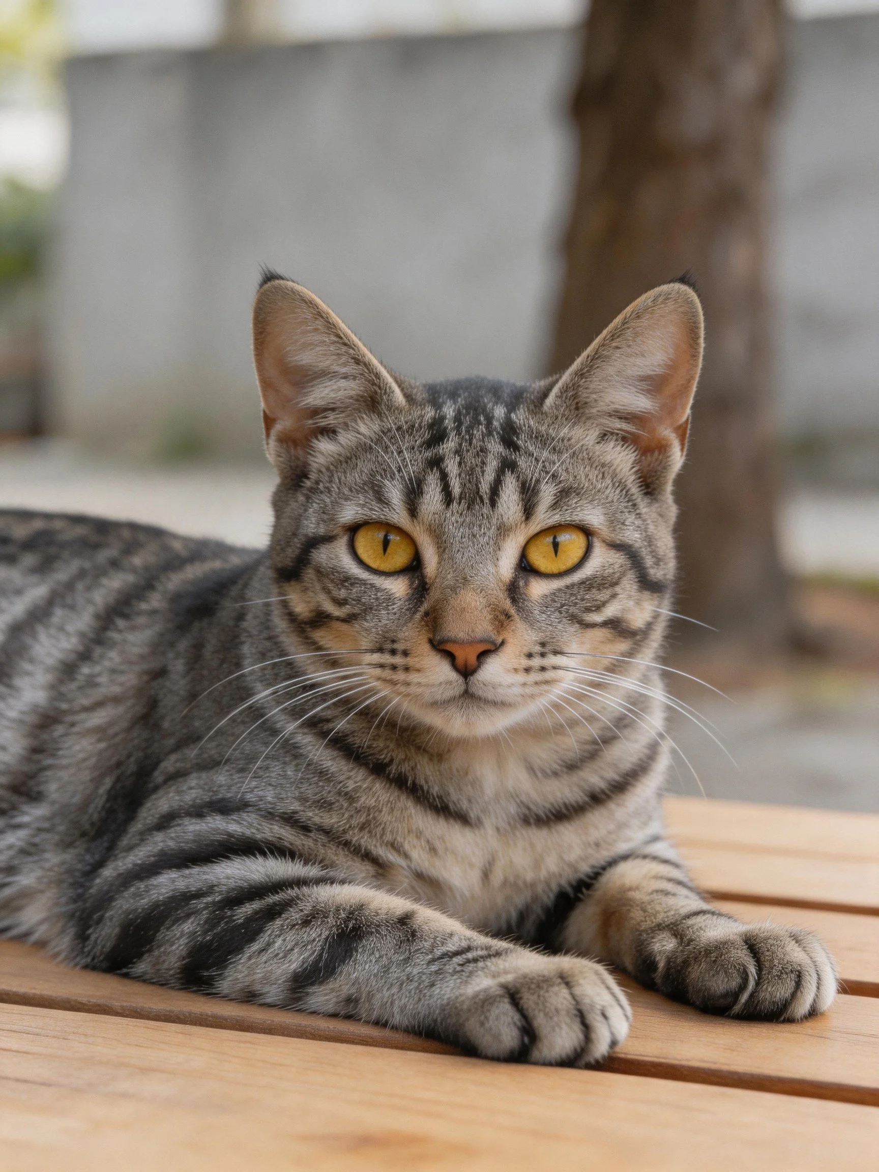 A gray tabby cat with yellow eyes rests on a wooden surface outdoors.